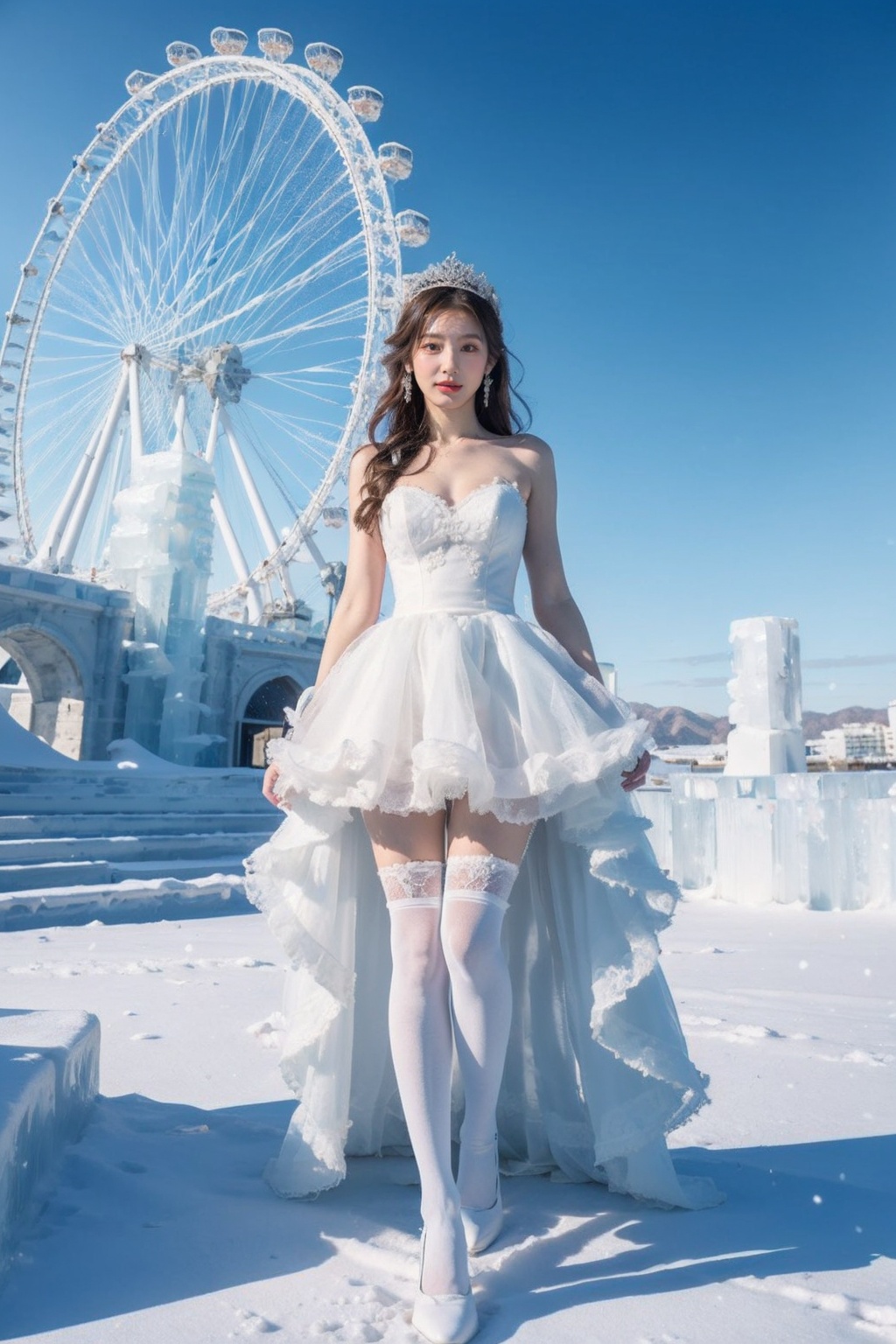 wearing a white dress,a girl wearing a wedding dress,white dress,ice and snow crown,high end long tail wedding dress,long legs,(white stockings:1.2),sky,cloud,ice castle,ferris wheel,looking_at_viewer,standing,<lora:Ice and Snow World_20231223195220-000010:0.7>,nikon lens,ice steps,1girl,solo,earrings,long hair,jewelry,realistic,brown hair,brown eyes,snowflakes,drifting snowflakes,