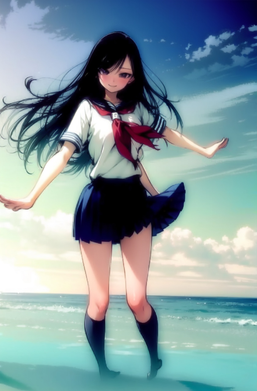 masterpiece,best quality,highres,1girl,solo,school uniform,black hair,serafuku,black eyes,long hair ,arm up,floating hair,standing,cowboy shot,smile, ocean, 