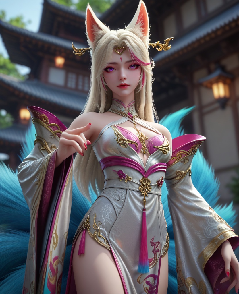 (oriental architecture, elegant decor, sophisticated style:1.1),(camping:1.1),(breasts:1.2),<lora:XL16克金玩家小狸九尾:0.95>,fox girl,white china dress,purple eyes,facial mark,white hair,pink streaked hair,long hair,fox ears,hair ornament,multiple tails,wide flowing sleeves,pink bra,eyelashes,sharp red fingernails,see-through fart curtain,, zPDXL2, score_9, score_8_up, score_7_up BREAK realistic, masterpiece,best quality, highly detailed,, zPDXL3, zPDXL2,zPDXL, zPDXLxxx, zPDXLrl,