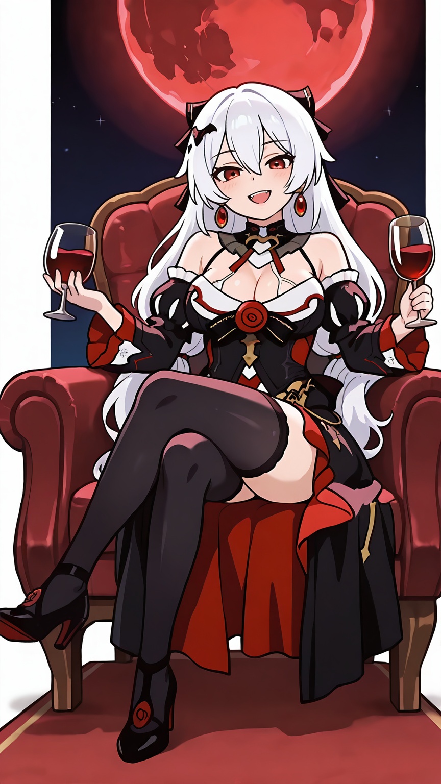 masterpiece,best quality,amazing quality,<lora:dayuexia:0.9>,dayuexia,long hair,1girl,red eyes,white hair,breasts,solo,dayuexia,1girl,red eyes,cup,vampire,solo,thighhighs,crossed legs,flower,red moon,dress,black dress,rose,white hair,wine glass,holding cup,holding,white background,moon,full body,breasts,drinking glass,long hair,red rose,black footwear,jewelry,looking at viewer,sitting,full moon,red flower,high heels,earrings,detached sleeves,couch,black thighhighs,open mouth,simple background,wine,bare shoulders,smile,black sleeves,long sleeves,alcohol,hair ornament,hair between eyes,armchair,cleavage,<lora:chibioo:0.8>,chibio,solo,