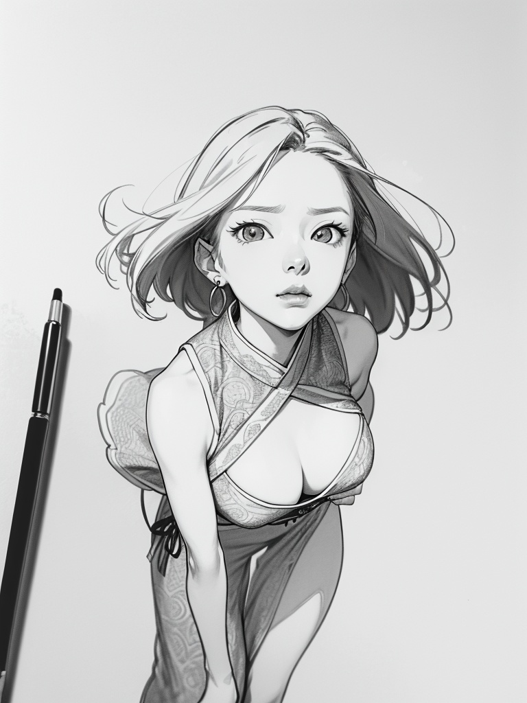 ((Character Sketch XCYP), (Black  and  White Pen  and  Ink Drawing: 2.0), High Abstract, Minimalist Style, Thick Lines, Smooth Lines, Clean, Perfect Composition, High Contrast, Strong Black  and  White Contrast, Masterpiece, Award-Winning Piece, Best Quality, Masterpiece, 8K, High Resolution.)perfect hand."One Piece" [serious: 1girl,boa_hancock,1girl,waistband,hanfu,solo,earrings,large_breasts,looking_at_viewer,standing split,hands on own hips:0.1], masterpiece, best quality, 
