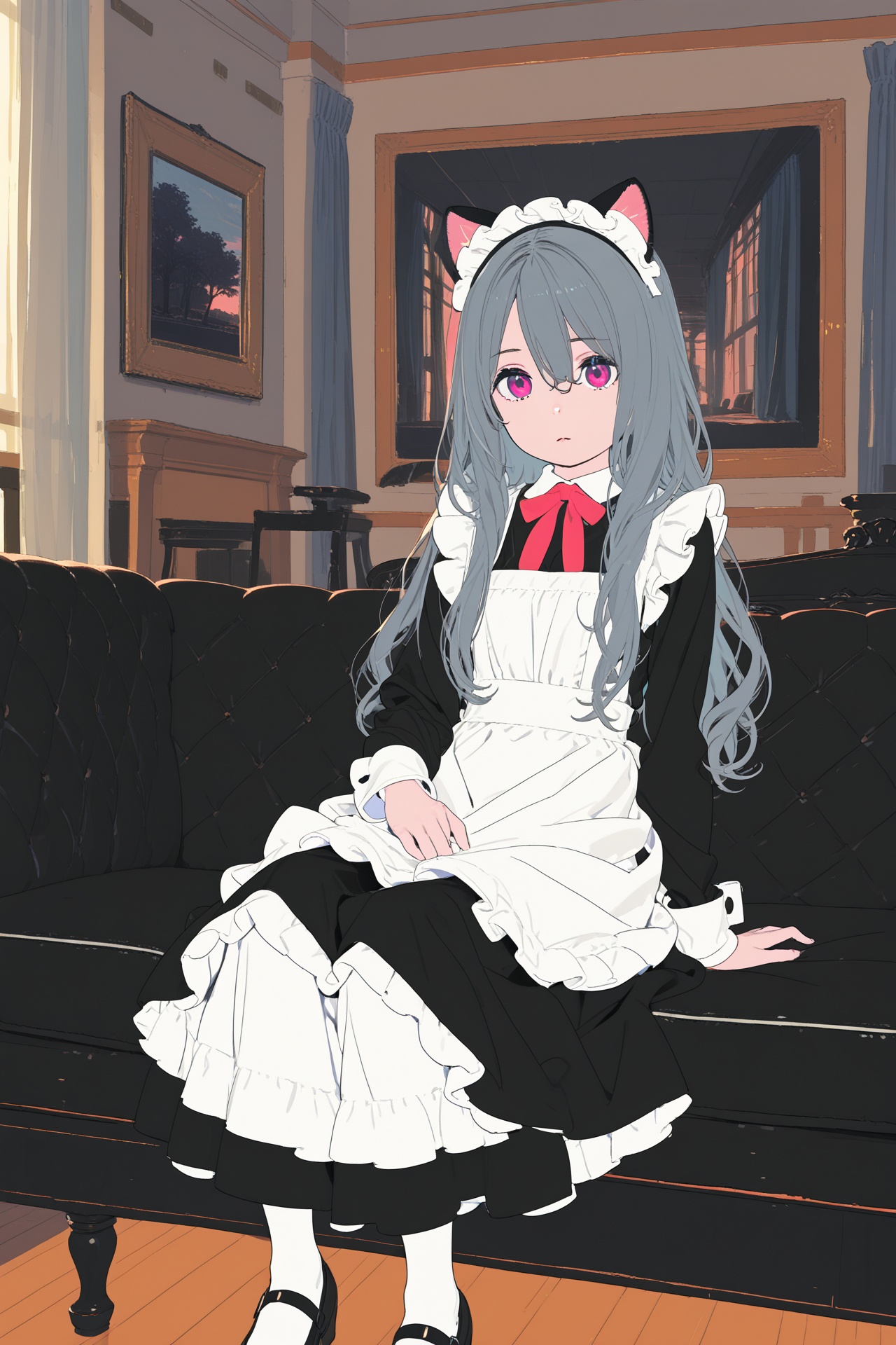 masterpiece,best quality,amazing quality,very aesthetic,absurdres,newest,highres,(enkyo yuuichirou:0.2),(toosaka asagi:0.2),(sayori \(neko works\):0.2),(sincos:0.2),painting \(medium\),(flat color:1.1),indoors,couch,curtains,1girl,solo,grey hair,pink eyes,cat ears,maid,white apron,frilled dress,very long dress,long sleeves,wrist cuffs,red bowtie,white pantyhose,mary janes,sitting,hand on own thigh,arm support,