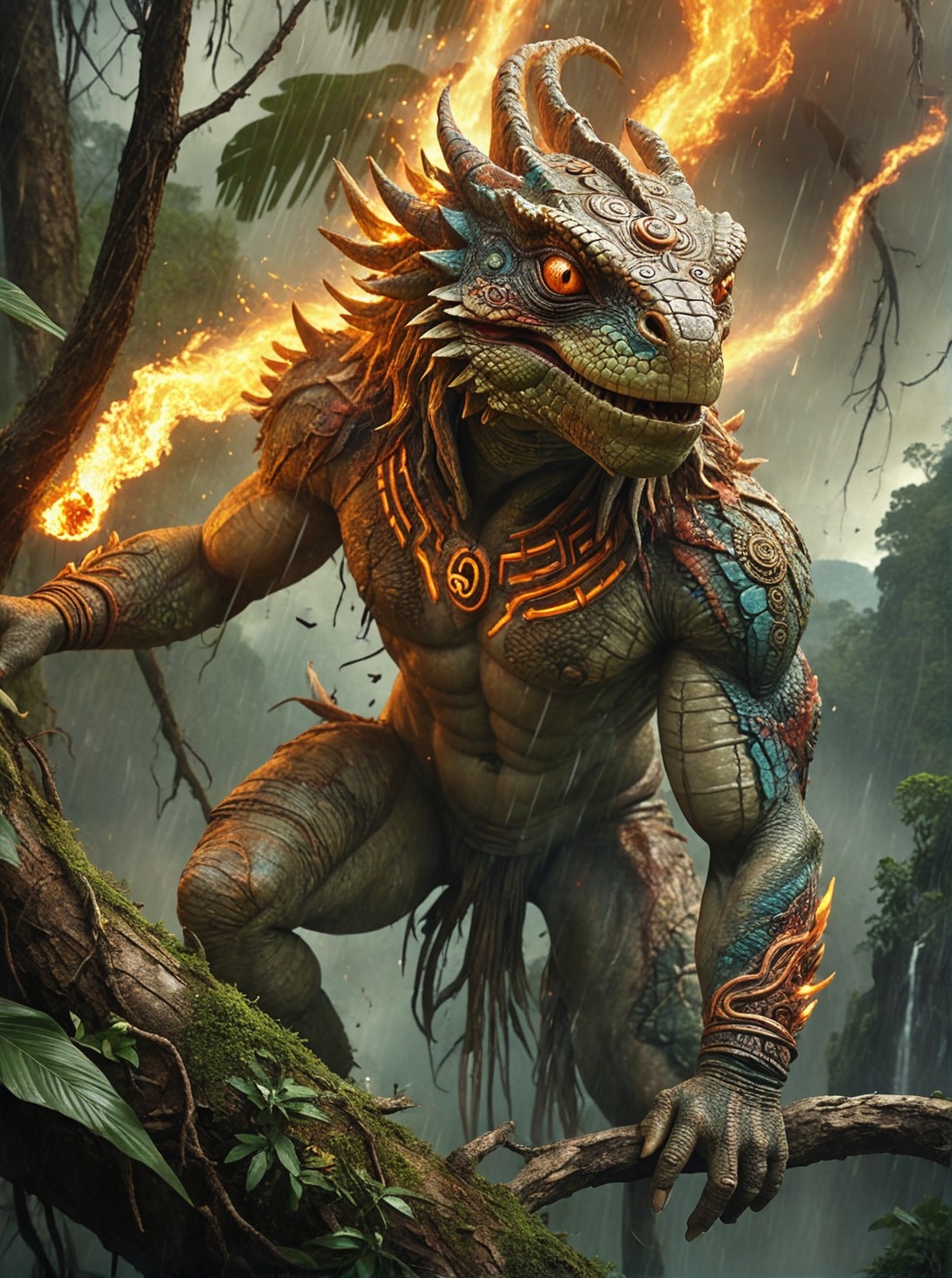 Humanoid Lizard god,  aztec divinity on tree branch,  overhead angle on Tensor.Art