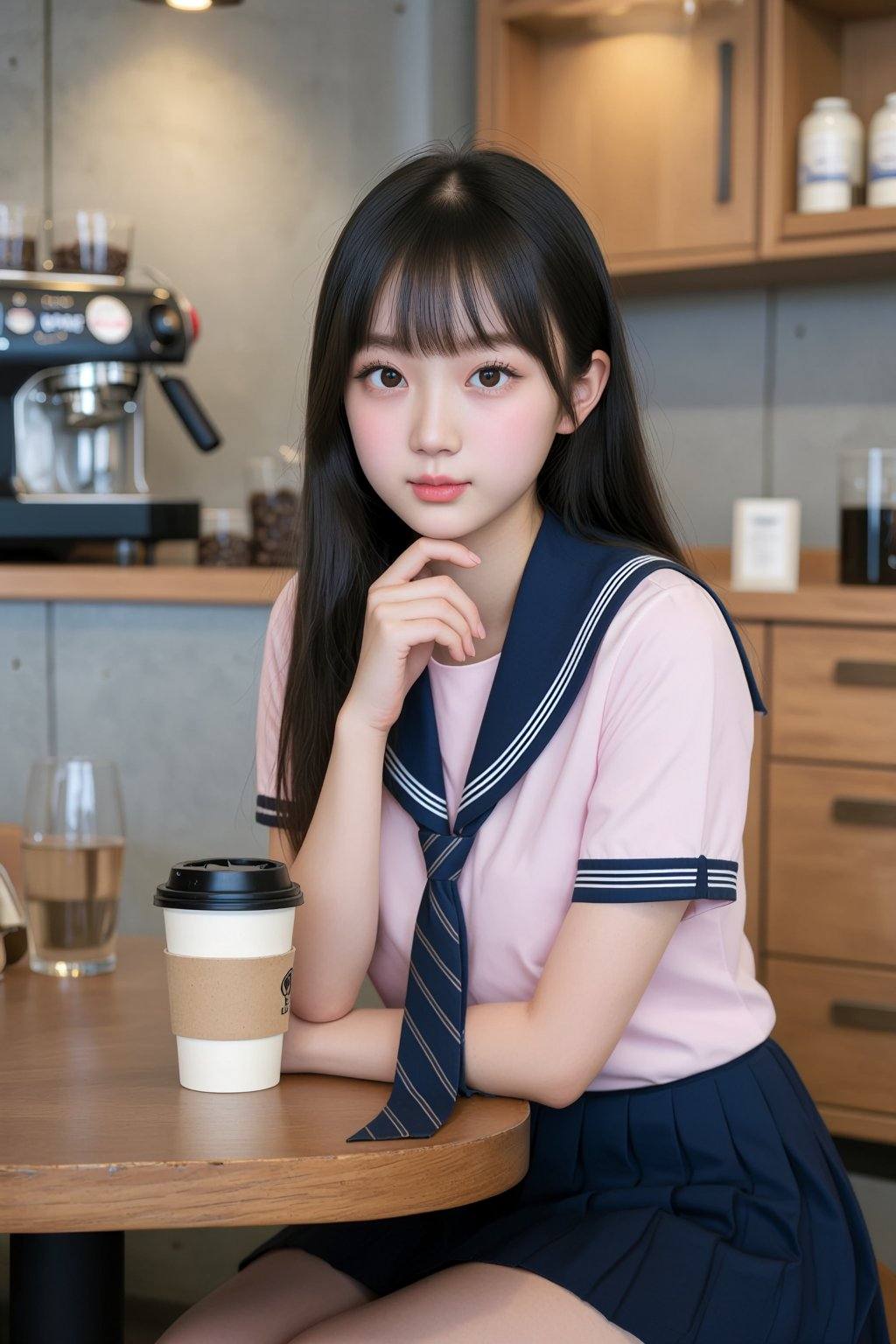 A young East Asian woman,  appearing to be in her late teens or early twenties,  sits at a wooden table in a cafe. She has...
