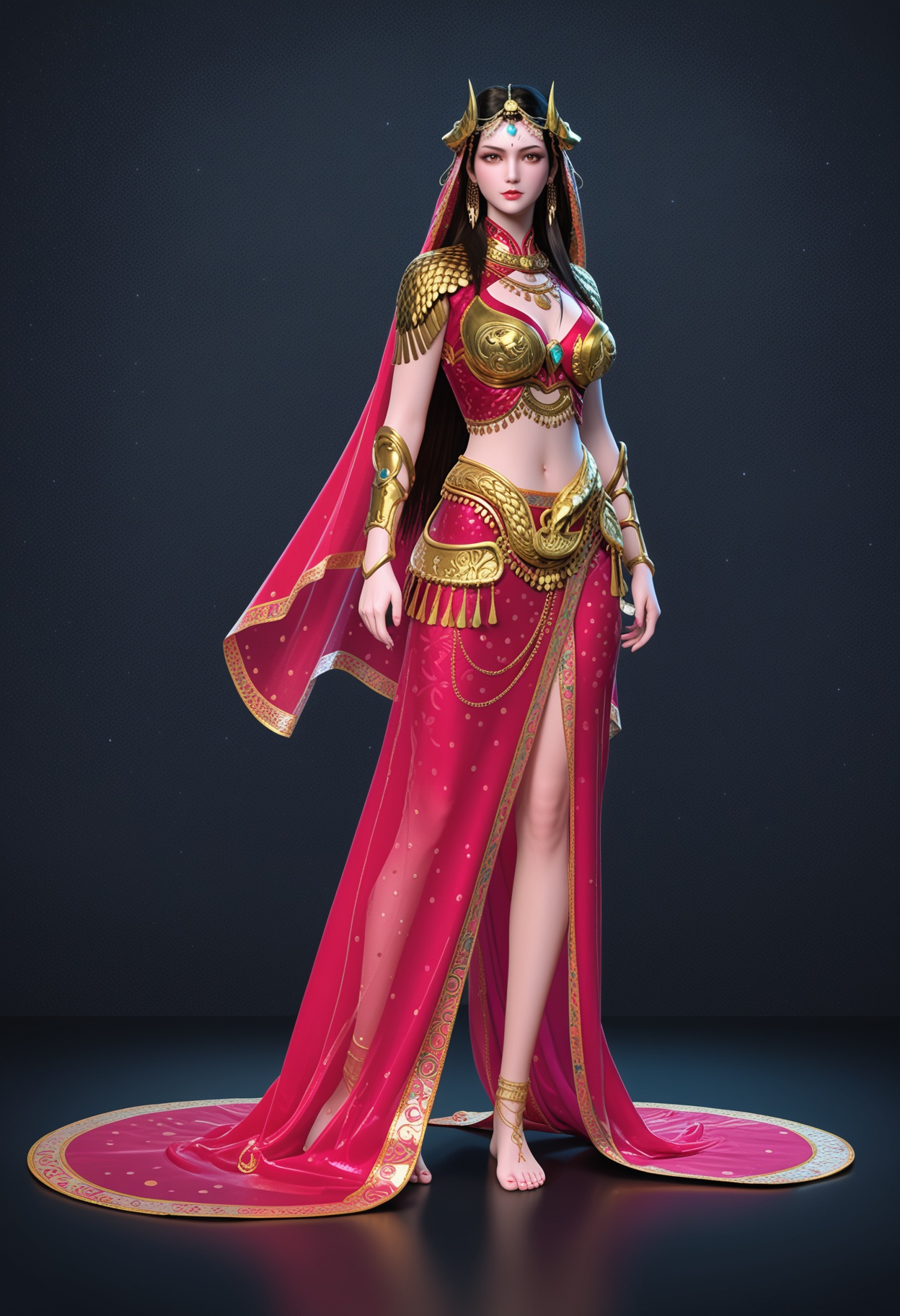 (full body:1.1),75.<lora:YQponymuqianqianV4:0.8>,q1528437228,solo,1girl,jewelry,long_hair,veil,black_hair,armor,midriff,brown_hair,hair_ornament,cleavage,earrings,skirt,headdress,horns,forehead_jewel,gem,barefoot,long_skirt,facial_mark,bracelet,forehead_mark,necklace,anklet,cape,arabian_clothes,bracer,cleavage_cutout,clothing_cutout,red_skirt,see-through,shoulder_armor,circlet,red_dress,piercing,barefoot_sandals,green_hair,indian_style,,(huge breasts:0.8),(looking_at_viewer:1.1),(mature female:1.3),BREAK intricate details,shiny_skin,solo focus,perfect_anatomy,(score_9:1.3),(simple background:-1),(blurry:-1.2),(masterpiece:1.3),(best quality:1.3),(simple background,pure black background,black background:1.1),