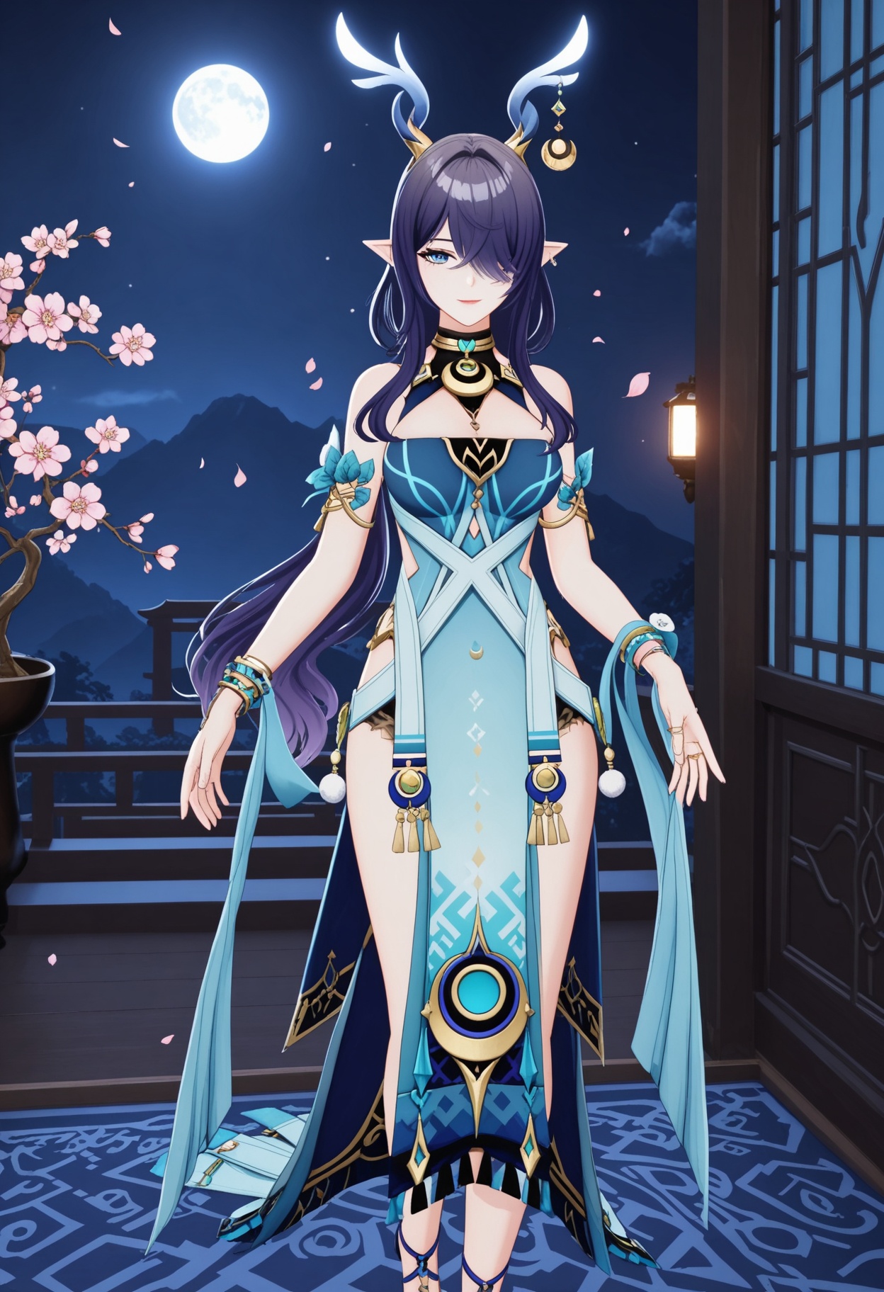(full_body:1.4),(looking at viewer:1.1),facing viewer,direct gaze,(masterpiece:1.1),(best quality:1.2),(intricate details),(smog:1.3),(Dark room:1.3),(dim lighting:1.3),peach blossom,falling petals,<lora:YQ_Illustrious光辉v5_菈乌玛_V1:0.8>,1girl,solo,long hair,jewelry,pointy ears,dress,earrings,purple hair,horns,black hair,bracelet,blue eyes,blue hair,sandals,hair ornament,crescent,masterpiece,(best quality),(intricate details:0.9) BREAK (intricate details:0.9),(realistic skin:1.2),masterpiece,best quality,newest,absurdres,hiahres,