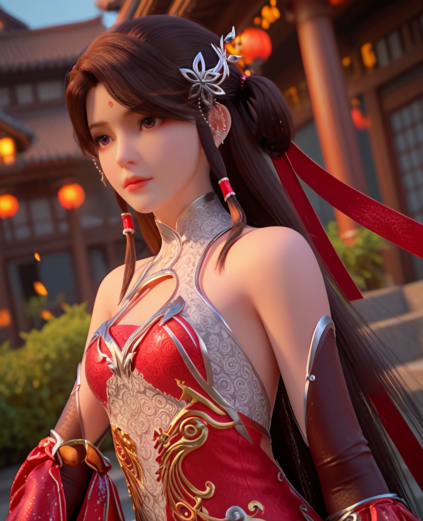 (oriental architecture, elegant decor, sophisticated style:1.1),practicing archery,(breasts:1.2),<lora:XL完美世界火灵儿旗袍v:0.9>,miss huolinger,solo,china dress,brown hair,hair ornament,long hair,forehead mark,double hair rings,hair tubes,double red cuffs,purple eyes,red hair ribbon,clothing cutout,, zPDXL2, score_9, score_8_up, score_7_up BREAK realistic, masterpiece,best quality, highly detailed,, zPDXL3, zPDXL2,zPDXL, zPDXLxxx, zPDXLrl,