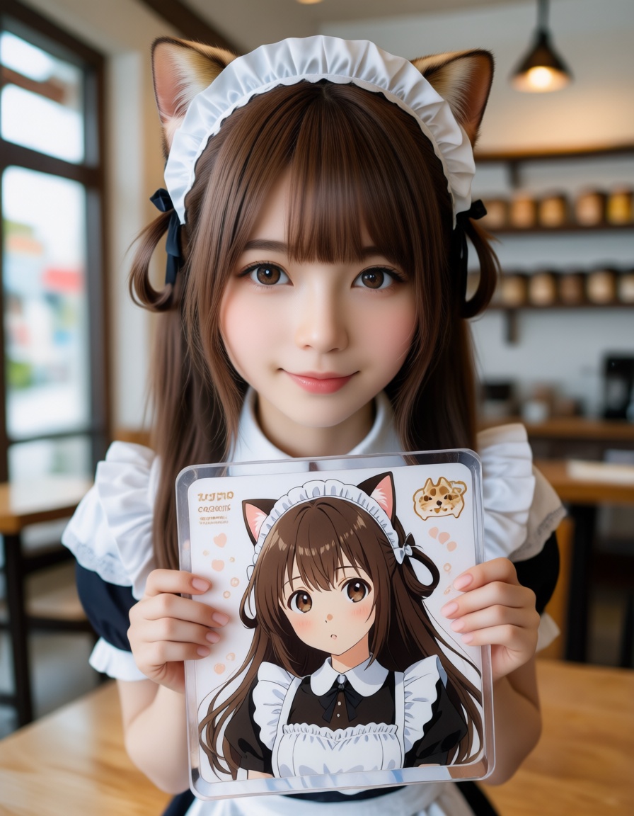 A clear and beautiful photograph of a realistic woman holding an anime illustration panel.coffee shop,  maid,  anime on Te...