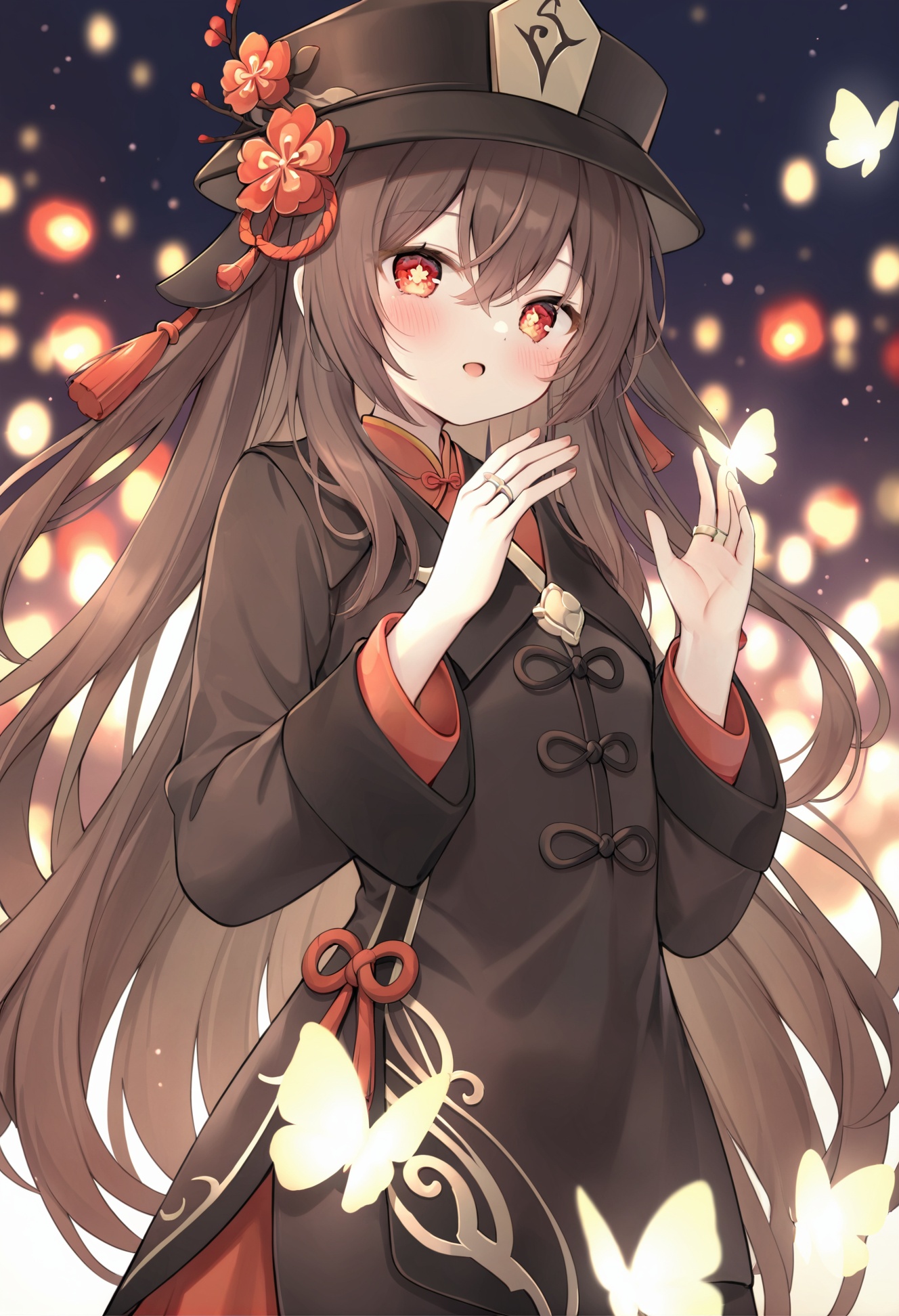 masterpiece, best quality,1girl, hu tao \(genshin impact\), solo, long hair, hat, brown hair, flower, jewelry, long sleeves, red eyes, black headwear, hat flower, blush, butterfly, ring, symbol-shaped pupils, bug, open mouth, hair between eyes, very long hair, flower-shaped pupils, upper body, hands up, night, bracelet, red flower, :o, red shirt, looking at viewer, coat, plum blossoms, twintails, chinese clothes, blurry, shirt, outdoors, glowing butterfly, porkpie hat 