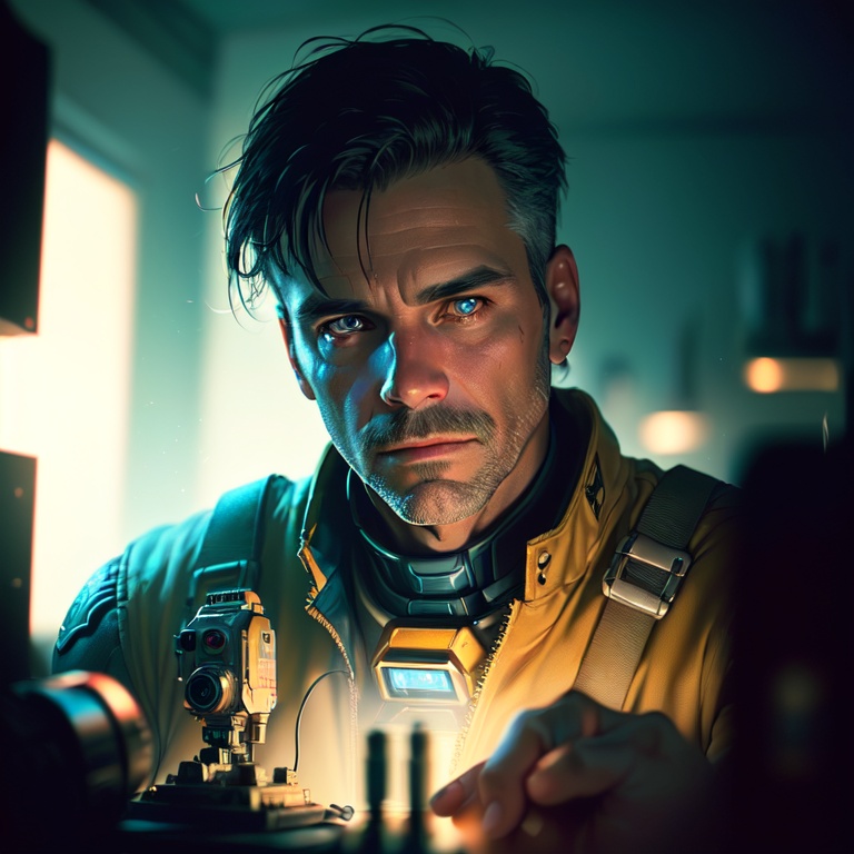 award winning (portrait photo:1.4) of a rugged dark science fiction space marine with robotic joints, middle aged male, Style-Cupola, electronic circuits, flashing control panel in foreground, science fiction, action, dark, tools on floor in background, backlighting, (shallow depth of field:1.5), by lee jeffries nikon d850 film stock photograph 4 kodak portra 400 camera f1.6 lens rich colors hyper realistic lifelike texture dramatic lighting unreal engine trending on artstation cinestill 800 (vignette:1.3), filmgrain