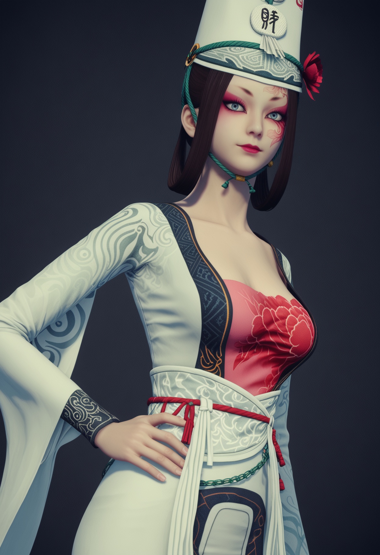 (gigantic breasts:0.6),(cowboy shot:1.1),(looking at viewer:1.1),facing viewer,direct gaze,<lora:YQ_pony_baiwuchang_changxuanlin_V4:0.8>,q1528437228,1girl,solo,black hair,hat,hair flower,makeup,chinese clothes,dress,hair ornament,long sleeves,grey eyes,blue eyes,facepaint,hair rings,eyeshadow,pants,jewelry,headwear,long hair,facial mark,short hair,brown hair,shoes,BREAK simple background,pure black background,black background,perfect anatomy,