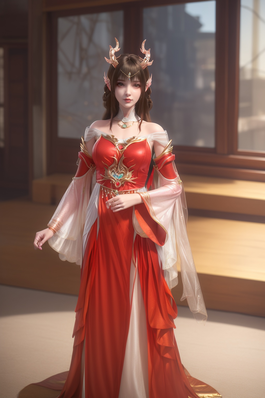 photo_\(medium\),(8k, RAW photo, best_quality),(masterpiece:1.2),(realistic:1.2),(photorealistic:1.3),(ultra-detailed),(extremely_detailed_cg_8k_wallpaper),(crystal_texture_skin:1.3),(shiny:1.2),(shiny_skin:1.4),(extremely_delicate_and_beautiful),shenfengYunLuoSecondClothing,white clouds,1girl,solo,dress,chinese clothes,detached sleeves,torogao,lips,breasts,standing,jewelry,hair ornament,earring,necklace,realistic,looking at viewer,<lora:shenfengYunLuoSecondClothing_20240626142345-000005:0.7>,