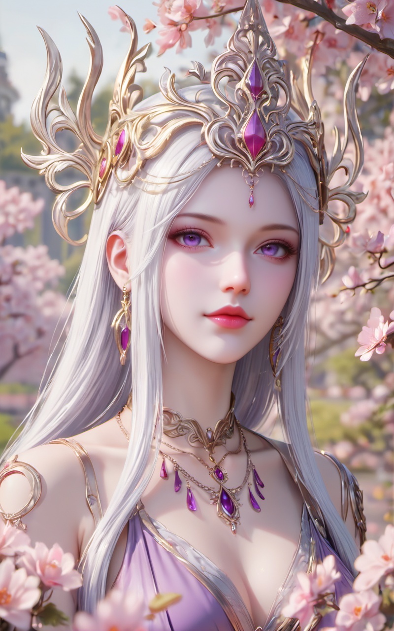 score_9,score_8_up,score_7_up,masterpiece,best quality,amazing quality,very aesthetic,high resolution,ultra-detailed,absurdres,newest,scenery,rendered,{Prompt} BREAK depth of field,volumetric lighting,<lora:波塞西8·pony:0.8>,bosaixi,1girl,long hair,white hair,jewelry,earrings,purple eyes,hair ornament,necklace,dress,upper_body,