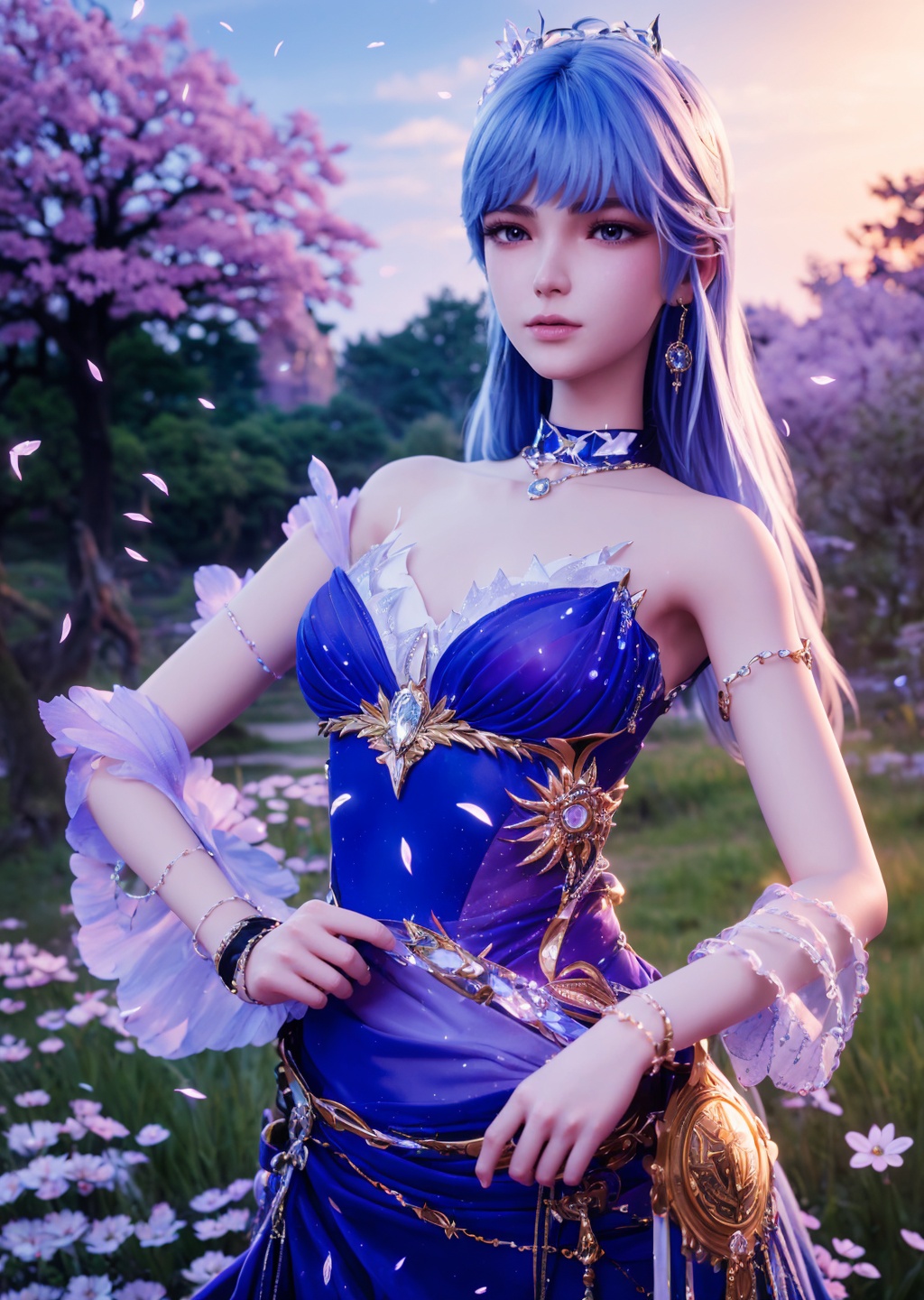 1girl,solo,blue hair,purple eyes,closed mouth,hair ornament,earrings,choker,dress,looking at viewer,outdoors,cherry blossoms,waterfall,cloud,sky,(sunlight),leaf,bug,fireflies,flower field,grass,((fantasy)),3d,game cg,(blurry background),depth of field,(perfect skin,shiny skin,skin gloss),Highly detailed,(ultra-detailed),(best quality:1.5,masterpiece:1.5),<lora:caier:0.8>,