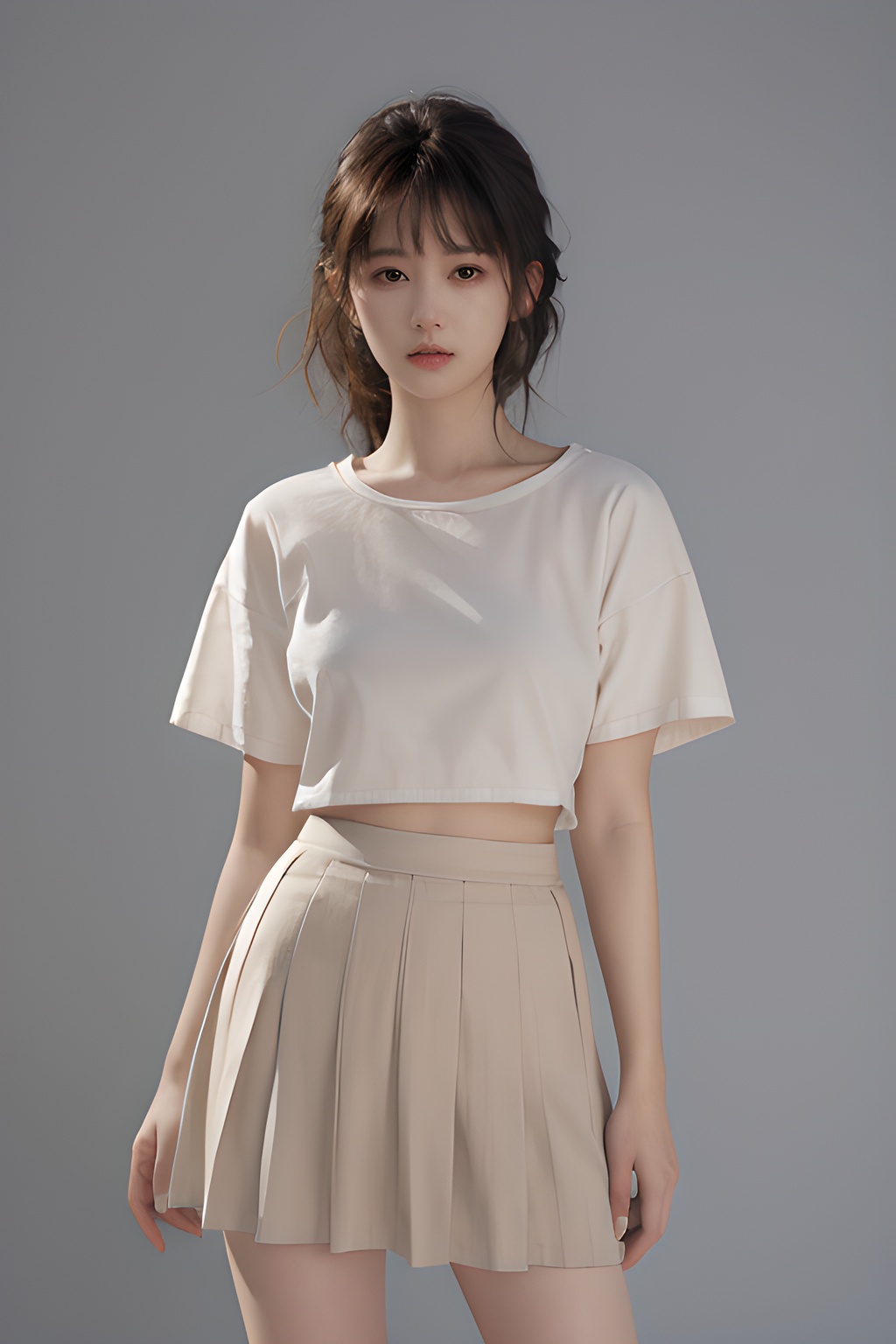 <lora:0806_07:0.7>,simple background,pleated_skirt,, 1girl,realistic,masterpiece, best quality, photorealistic, HDR,detail