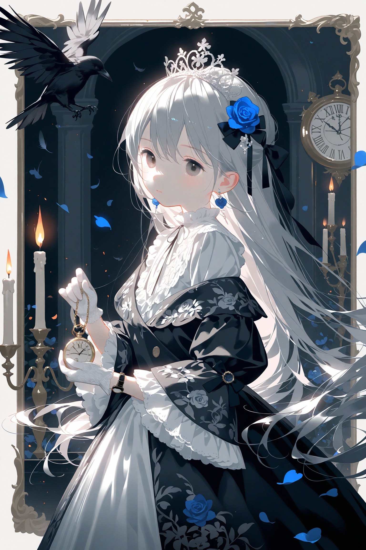 1girl, candle, bird, crow, solo, grey hair, grey eyes, flower, long hair, candlestand, gloves, fire, looking at viewer, earrings, jewelry, dress, white gloves, watch, blue flower, hair ornament, closed mouth, long sleeves, blush, very long hair, hair between eyes, grey dress, clock, candlelight, pocket watch, expressionless, floating hair, roman numeral, ribbon, holding, black ribbon, hair flower, black dress, feathers, breasts, animal, cowboy shot, white dress, rose, shirt, black bow, blue rose, hair ribbon, upper body, wide sleeves, chandelier, from side, floral print, bow, frills, burning, brown eyes, lolita fashion, sidelocks, outside border, grey gloves, standing, petals, wristwatch, hair bow, white shirt, looking to the side, hand up, crown, off shoulder<lora:lp24-000053:0.8>,