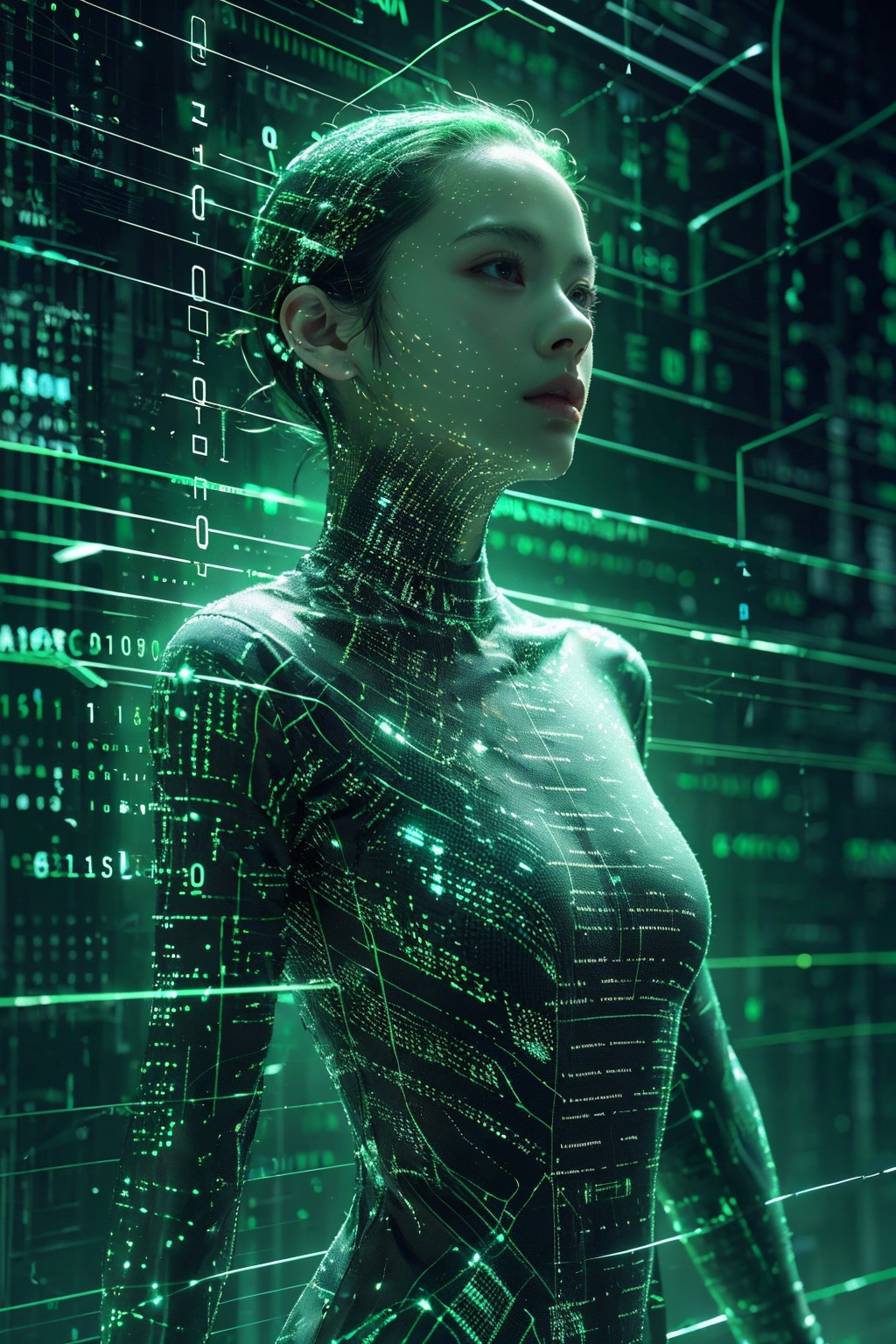sdmai,Data streams,abstract art,binary code,cyberspace,Green theme,Female, upper body<lora:SDMAI数字抽象线性艺术:0.75>,