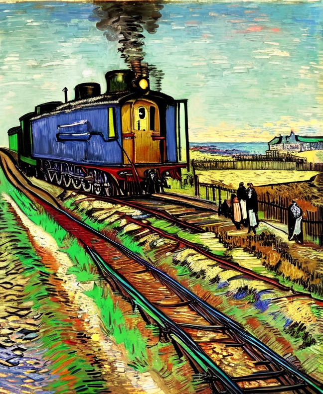 steam train,van gogh,oil painting,masterpiece,best quality, <lora:Van Gogh style:1>
