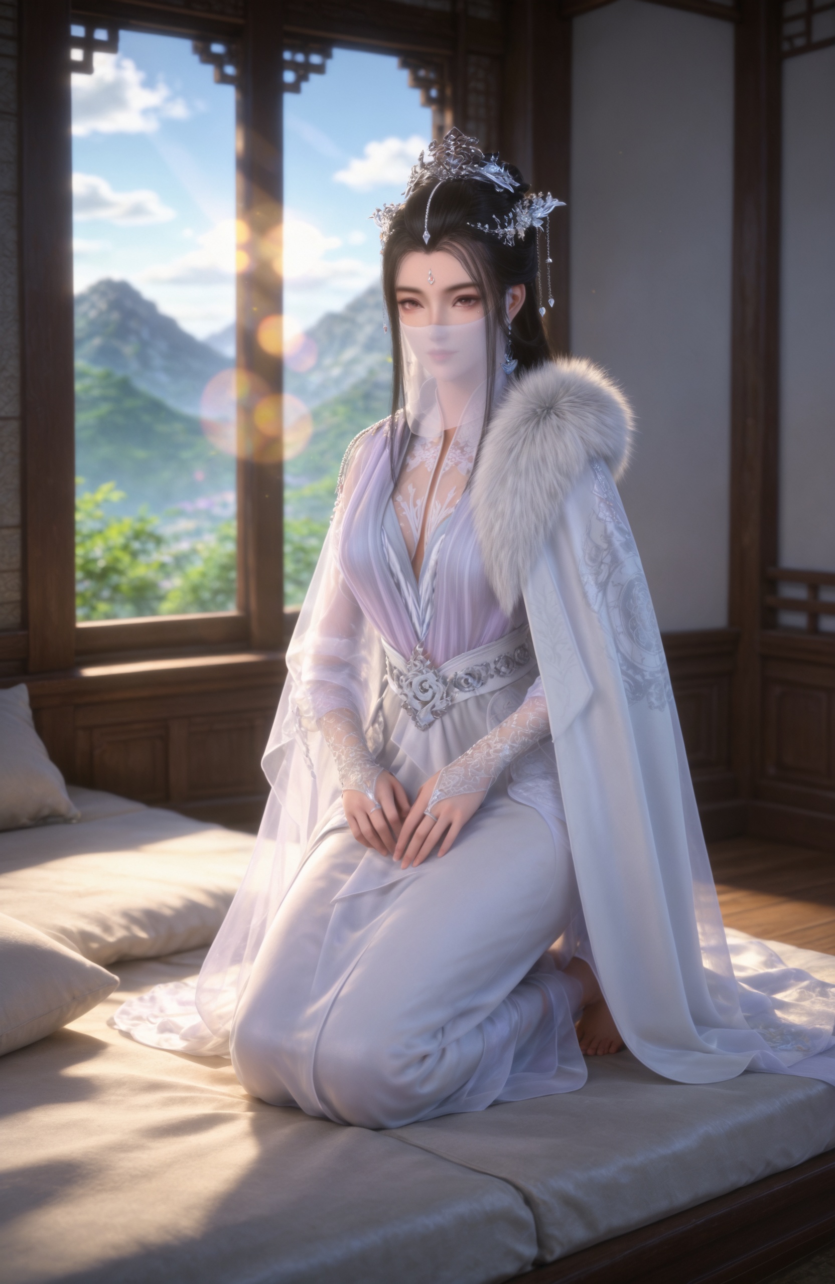 <lora:少年歌行-月瑶Pony:0.7> 1girl, hair ornament, hair bun, black hair, earrings, mouth veil, long hair, white dress, cape1girl, solo, long hair, black hair, long sleeves, hair ornament, dress, closed mouth, jewelry, sitting, full body, barefoot, indoors, hair bun, pillow, window, kneeling, facial mark, tiara, veil, light rays, mountain, forehead mark, light, dark, windowsill