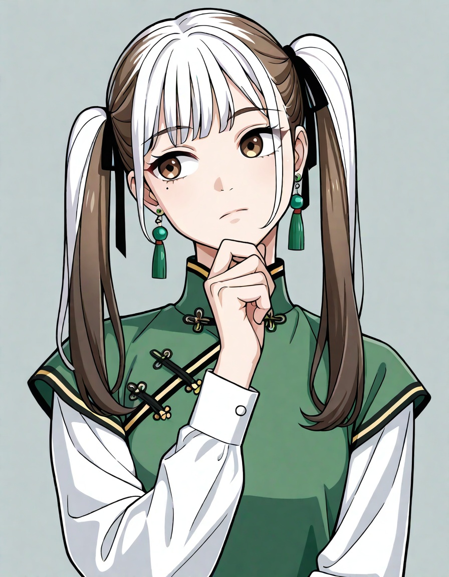 upper body,simple background,1girl,solo,brown hair,twintails,white hair ribbon,jewelry,green earrings,brown eyes,mole under eye,chinese clothes,green dress,white shirt,long sleeves,looking to the side,straight-on,head tilt,hand on own chin,