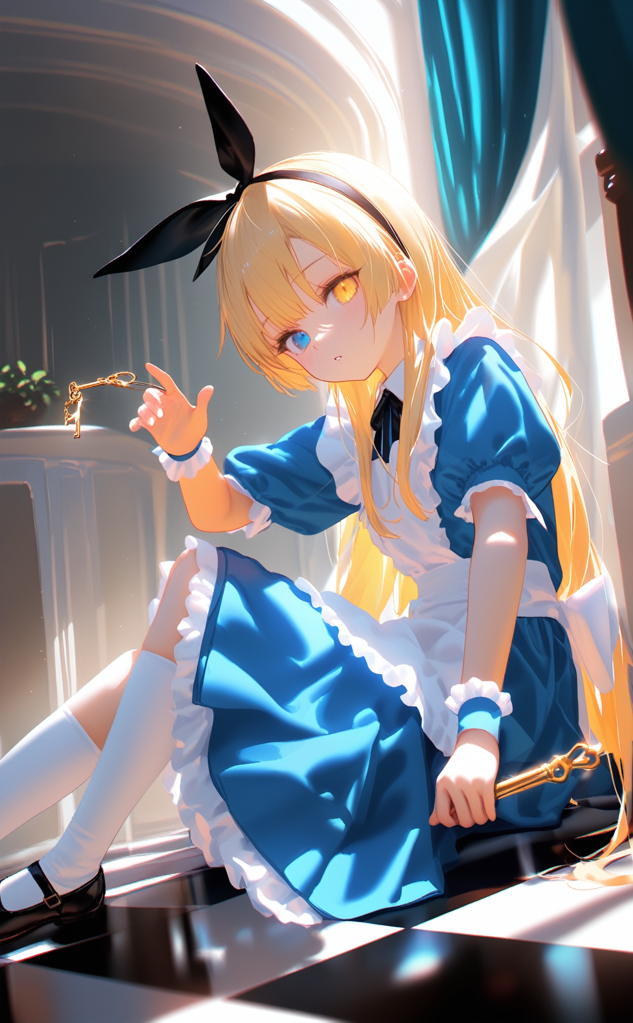 masterpiece,best quality,high quality,loli,chromatic_aberration,//,1girl,alice \(alice in wonderland\),heterochromia,solo,dress,long hair,blue eyes,blue dress,blonde hair,socks,short sleeves,hairband,yellow eyes,black footwear,sitting,puffy sleeves,frills,looking at viewer,apron,wrist cuffs,shoes,white apron,hair ornament,puffy short sleeves,frilled dress,alice \(alice in wonderland\) \(cosplay\),white socks,mary janes,black hairband,kneehighs,bow,key,parted lips,holding,frilled apron,checkered floor,curtains,ribbon,//,//,<lora:MAQ326——【noob】hans:0.6>,