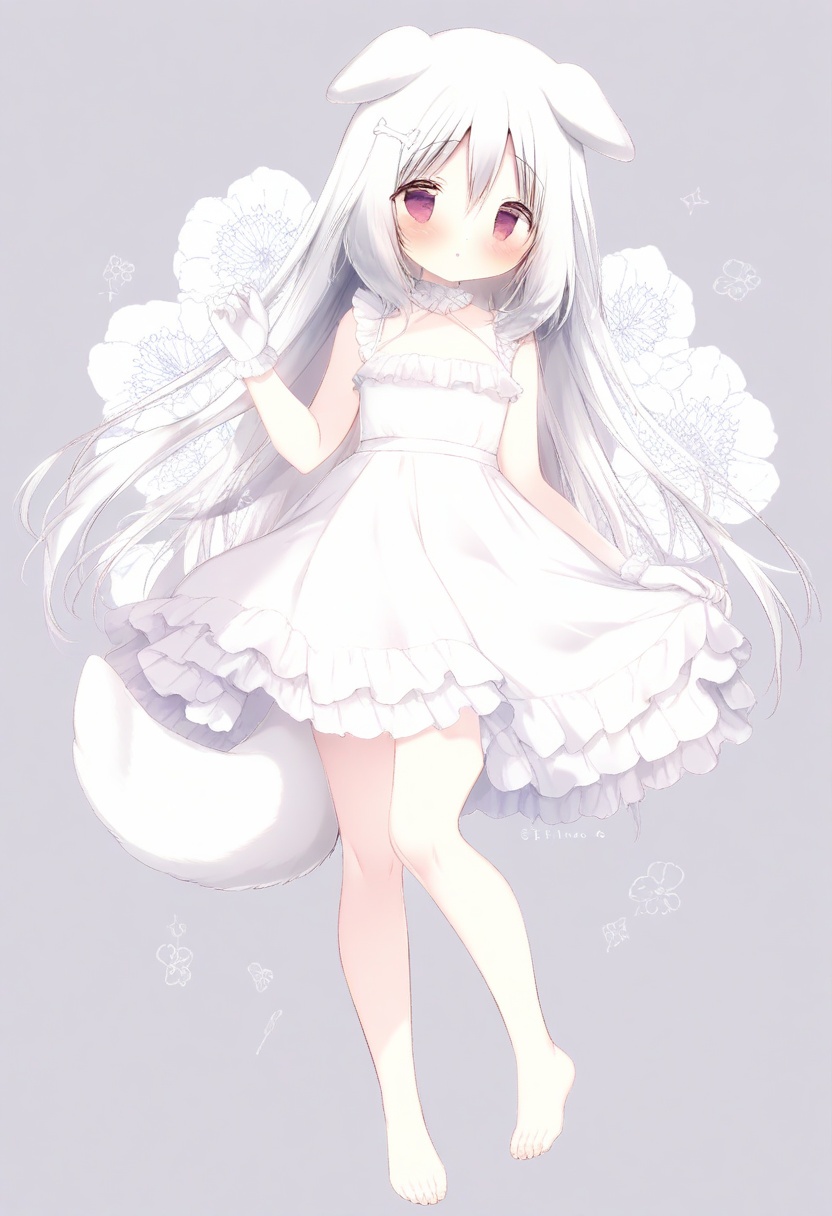 shiratama_(shiratamaco),1girl,:o,albino,animal_ears,bare_shoulders,barefoot,blush,bone_hair_ornament,cartoon_bone,commentary,dog_ears,dog_girl,dog_tail,dress,floral_background,frilled_dress,frilled_gloves,frills,gloves,grey_background,grey_hair,hair_between_eyes,hair_ornament,hand_up,highres,long_hair,original,parted_lips,red_eyes,shiratama_\(shiratamaco\),sleeveless,sleeveless_dress,solo,symbol-only_commentary,tail,twitter_username,very_long_hair,white_dress,white_gloves, white_gloves<lora:shiratama_cyan-000012:0.8>