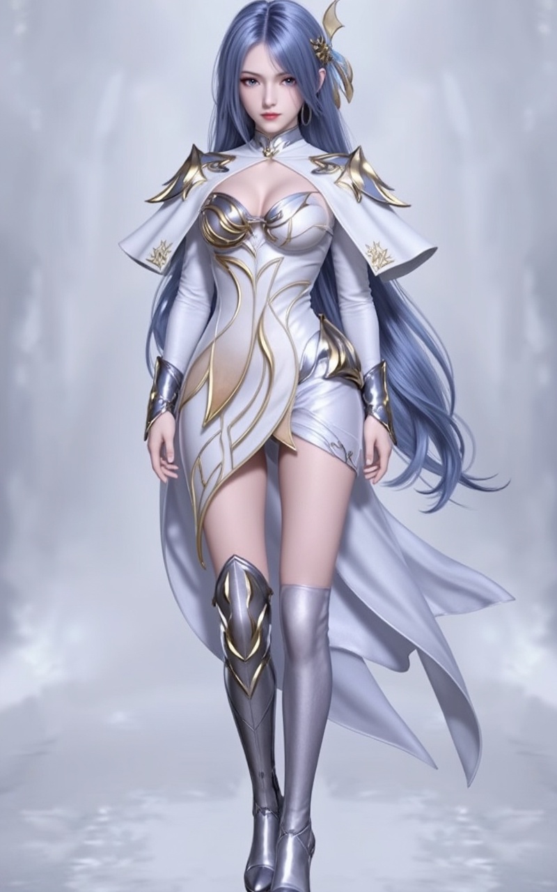 <lora:邱若水·衣服百搭款5:1>,qiuruoshui,1girl,solo,long hair,looking at viewer,blue hair,grey eyes,detached collar,hair ornament,cover,gradient background,close-up details,outstanding style,adding a touch of dimension to your images without compromising details,close-up,<lora:DJ滤镜_2.5D版:0.4>,lvjing,<lora:油画唯美滤镜15:0.2>,baoshi,<lora:胡烈娜衣服·7:1>,huliena,1girl,solo,armor,boots,capelet,high heels,arms at sides,standing,dress,white dress,