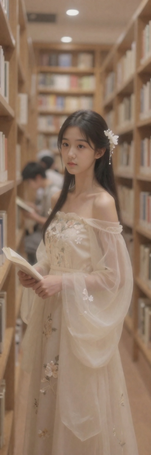 <lora:20260302_TinZITSharpnessSliderLora_v1_000000090:-4>, A photograph captures a serene, narrow library aisle lined with wooden bookshelves. A young Asian woman with fair skin, long black hair, and delicate features stands in the foreground. She wears an off-the-shoulder, cream-colored gown with intricate floral embroidery and sheer, flowing sleeves. Her attire and hair adorned with white floral accessories evoke a soft, ethereal aesthetic. The background reveals other patrons, also engaged in reading, adding to the tranquil, scholarly atmosphere. Warm, ambient lighting enhances the cozy, intellectual ambiance of the library.