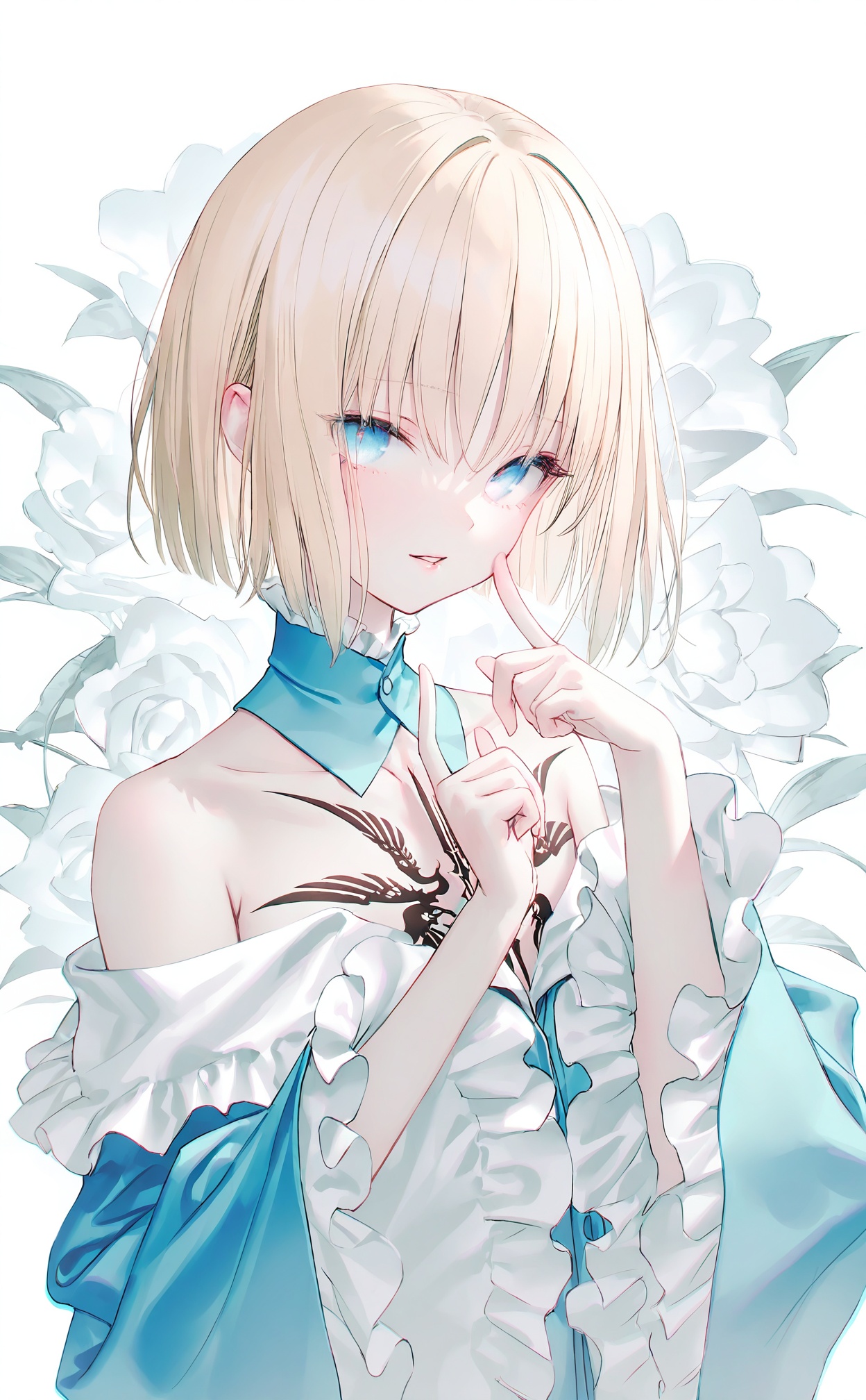 masterpiece,highres,absurdres,newest,best quality,loli,petite,high quality,chromatic_aberration,//,sajou_manaka, blonde_hair, blue_eyes, solo, detached_collar, blue_collar, tattoo, short_hair, bare_shoulders, chest_tattoo, looking_at_viewer, blue_dress, parted_lips, frills, upper_body, collar, white_background, flower, frilled_collar, frilled_sleeves, 1boy, off_shoulder, dress, index_finger_raised, androgynous, male_focus, collarbone, wide_sleeves, finger_to_cheek, floral_background, simple_background, long_sleeves, finger_to_own_chin, otoko_no_ko//,(rhasta:0.9),Artist:na-ga,(kiwi500g:1.1),[yoggi_(stretchmen)],(quasarcake:0.2),(wanke:0.9),(iumu:0.72),(toosaka asagi:0.4),(Artist:chen bin:0.9),//,<lora:sajou_manaka——【noob】hans:1>,