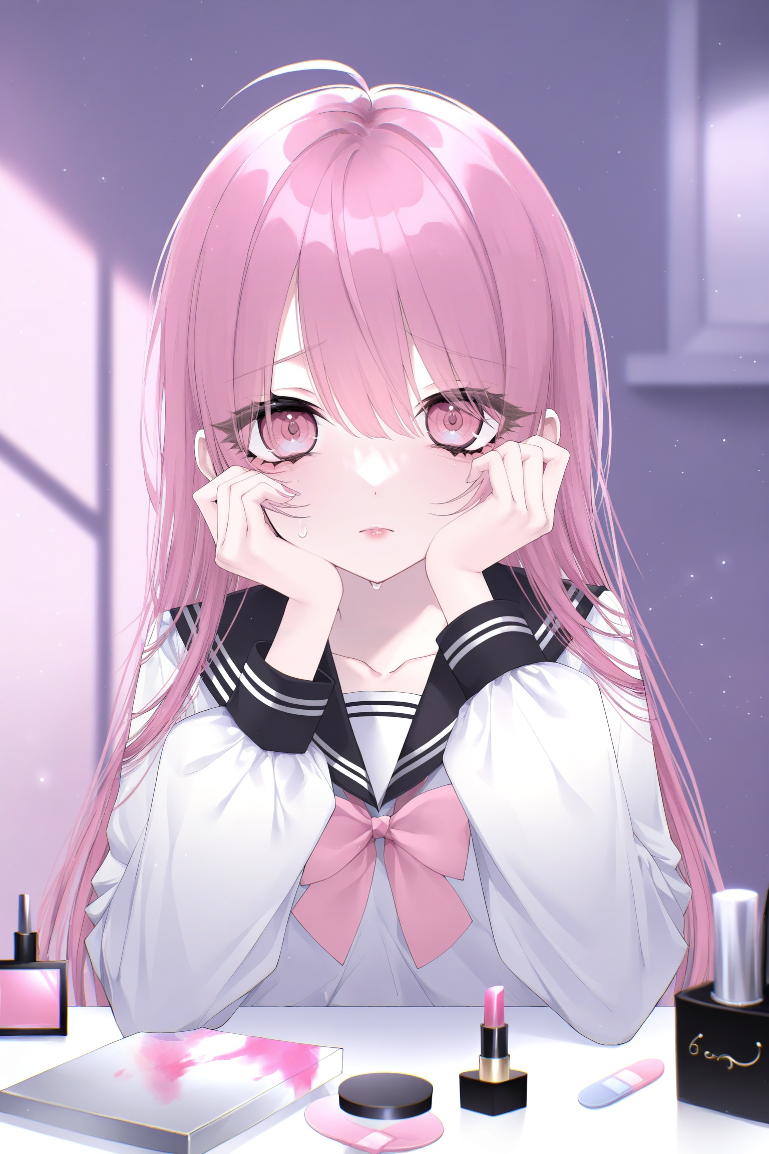 1girl,aegyo sal,ahoge,bandaid,black sailor collar,blurry,blurry foreground,bow,bowtie,chromatic aberration,cleaver,closed mouth,collarbone,cosmetics,frown,hair between eyes,hand on own cheek,hand on own face,hands up,light particles,lipstick tube,long hair,long sleeves,looking at viewer,nail polish,pink bow,pink bowtie,pink eyes,pink hair,pink nails,puffy long sleeves,puffy sleeves,raised inner eyebrows,sailor collar,school uniform,shirt,solo,straight hair,sweat,white shirt,upper body,indoors,<lora:n11espSi10ra画风0.1版本XL:0.8>,siraxlhf,