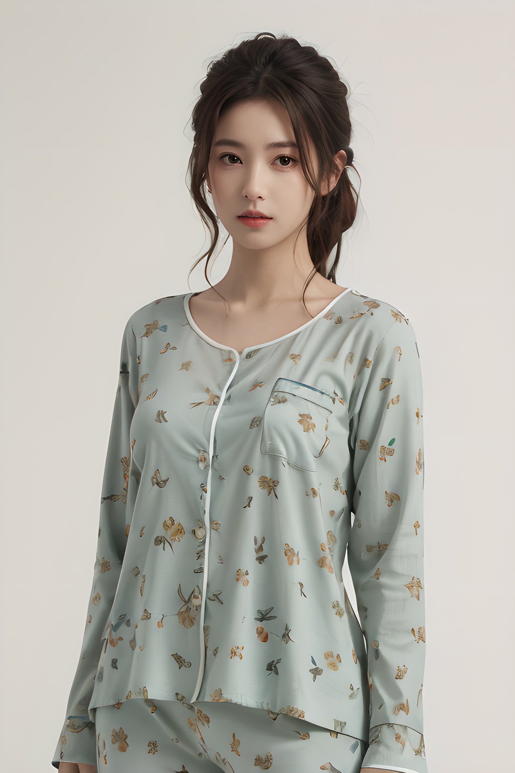 <lora:0818_07:0.7>,simple background,green_print_pajamas,, 1girl,realistic,masterpiece, best quality, photorealistic, HDR,detail