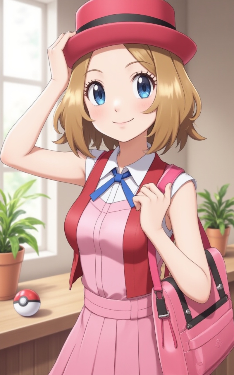 <lora:莎莉娜8:1.1>,shalina,brown hair,fair_skin,serena \(pokemon\),1girl,hat,blue eyes,solo,smile,blue ribbon,eyelashes,ribbon,closed mouth,neck ribbon,bag,indoors,short hair,backpack,plant,hand on headwear,looking at viewer,pink bag,sleeveless,red headwear,blonde hair,poke ball,pink headwear,pink dress,hand up,arm up,skirt,1,cover,simple background,gradient_background,Close-up details,outstanding style,adding a touch of dimension to your images without compromising details,close-up,<lora:DJ滤镜_2.5D版:0.4>,lvjing,