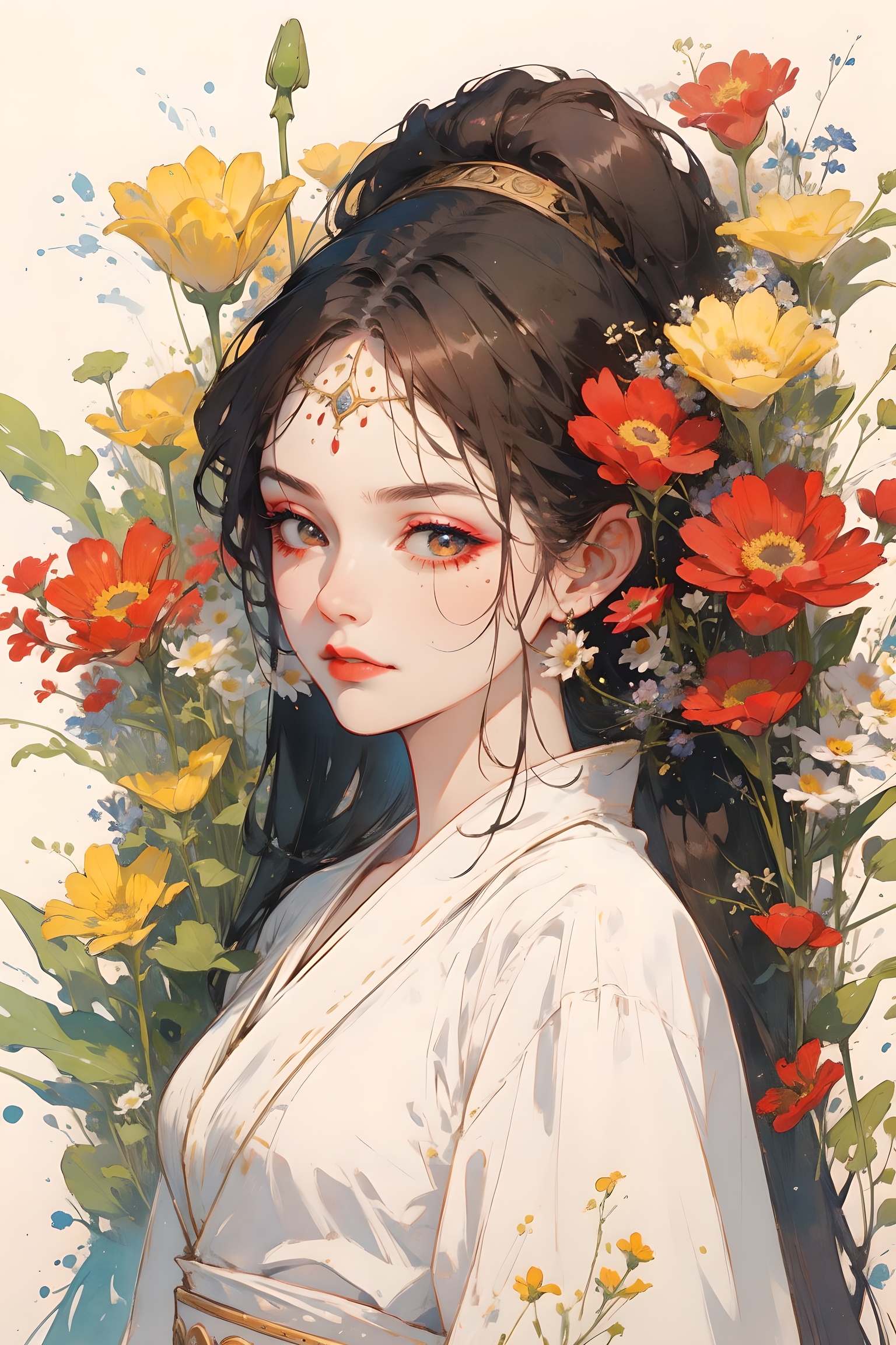 one girl,masterpiece:1,best quality,pigment:1.5, Facial detail,flower,Exquisite makeup, Color background,(colorful:0.8),ancient ,ancient costume,diffusion, <lora:chinese-art:0.35>