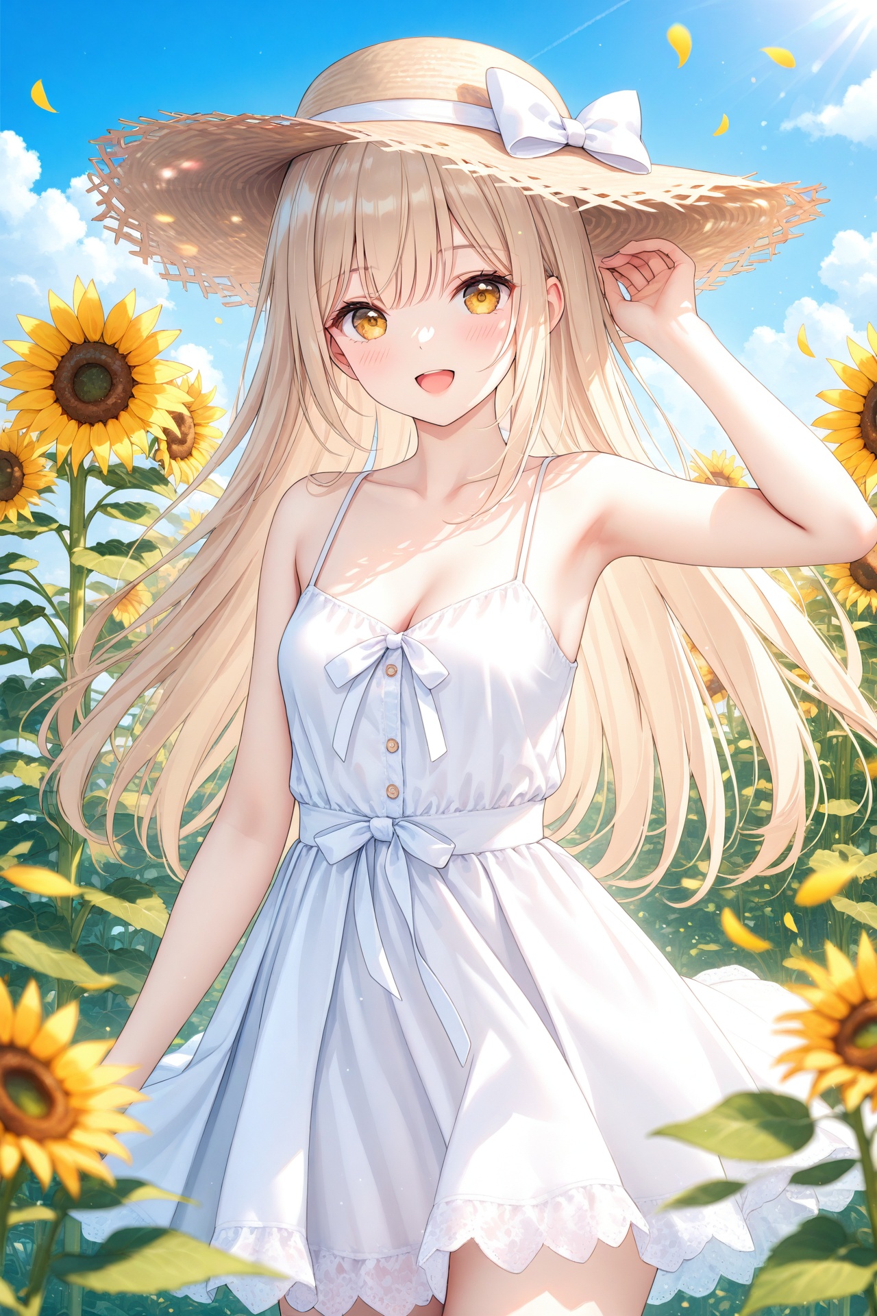 (masterpiece),(best quality),illustration,ultra detailed,hdr,Depth of field,(colorful),1girl,hat,sunflower,solo,flower,outdoors,long hair,smile,open mouth,day,looking at viewer,sleeveless,sky,yellow eyes,cloud,:d,petals,straw hat,bare shoulders,breasts,hand on headwear,white dress,dress,yellow flower,bangs,very long hair,collarbone,blue sky,blush,flower field,sun hat,bare arms,bow,field,brown headwear,small breasts,standing,sundress,arm up,skirt,hand up,white skirt,hat bow,cleavage,spaghetti strap,ribbon,blurry foreground,hat ribbon,white bow,blurry,