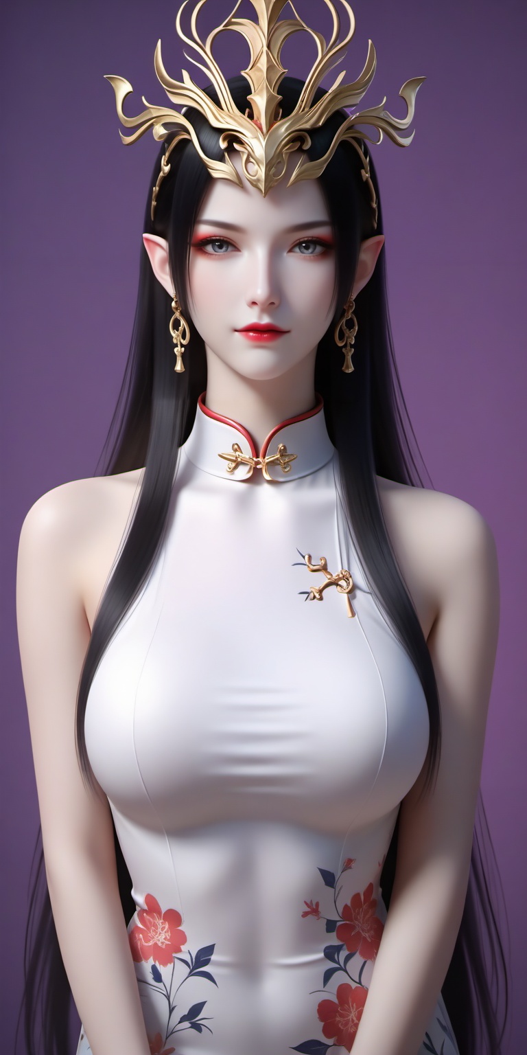 score_9,score_8_up,score_7_up,source_anime,Close-up details,realistic style photo young woman,red eyeshadow,red lipstick,long hair,black hair,earrings,pointy ears,grey eyes,crown,<lora:美杜莎女王0.0741:0.6>,meidusha,1girl,earrings,solo,jewelry,looking at viewer,breasts,dress,purple background,upper body,chinese clothes,sleeveless,closed mouth,simple background,lips,bare shoulders,china dress,white dress,straight hair,large breasts,4,whirls of vapor,iridescent textures,(Anime:1.1),soft neon light,ethereal ambiance,delicate details,magical atmosphere,concept art,highly detailed,ultra-high resolution,32K UHD,sharp focus,best-quality,masterpiece,golden hour,unconventional supreme masterpiece,masterful details,temperate atmosphere,with a high-end texture,in the style of fashion photography,cover,Dynamic Angle,Dynamic posture,cover,Dynamic Angle,Dynamic posture,Printed cheongsam,A shot with tension,(Visual impact,giving the poster a dynamic and visually striking appearance:1.2),impactful picture,(masterpiece, best quality:1.2),offcial art,colorful,splash of color,movie perspective,advertising style,