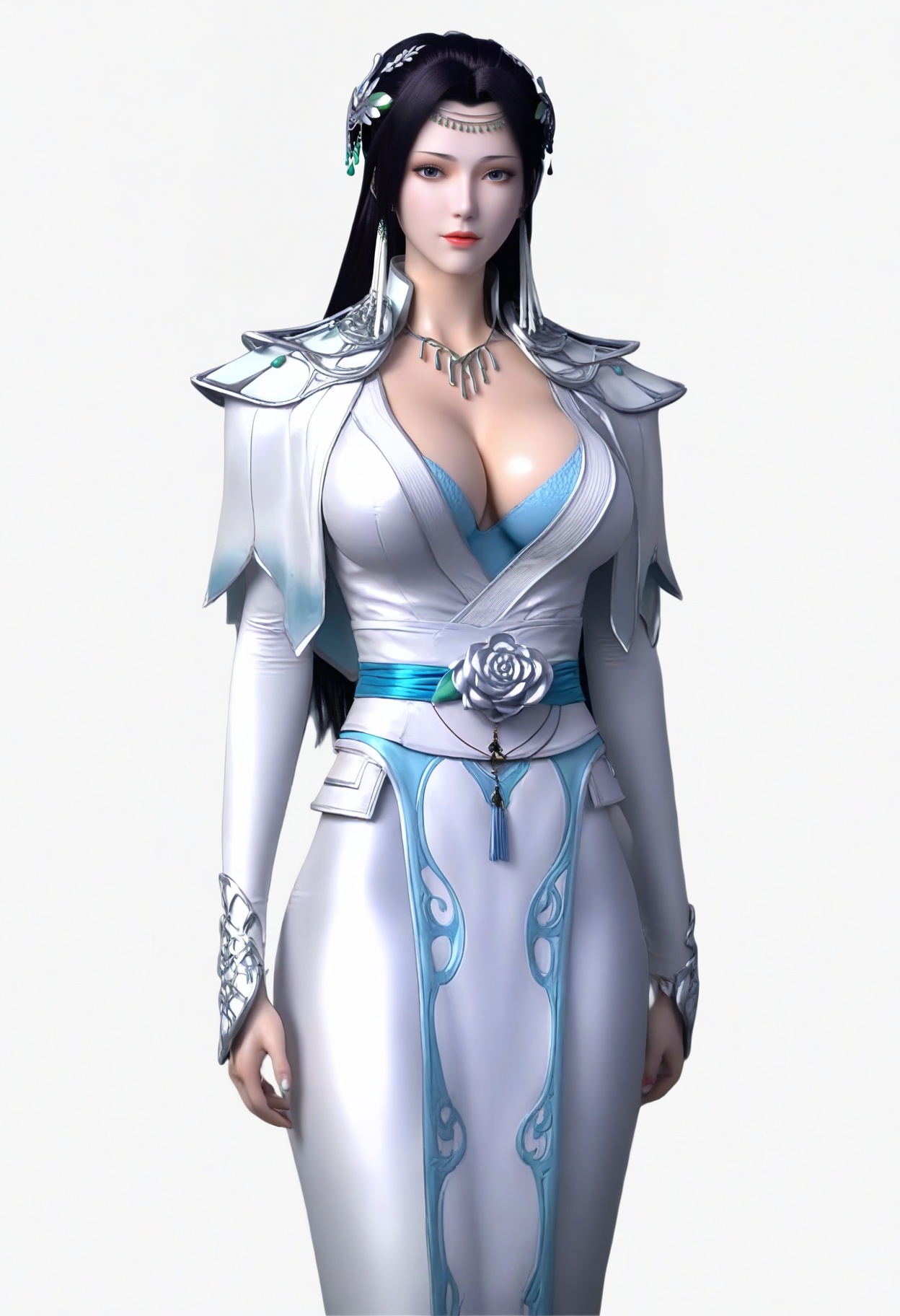 fair_skin,white_skin,Ivory_skin,<lora:SF_YunYunAbout3Years3_Pony_Realism2.3-000003:0.7>,hair ornament,black hair,looking at viewer,1girl,standing,breasts,large breasts,dress,solo,simple background,white background,
