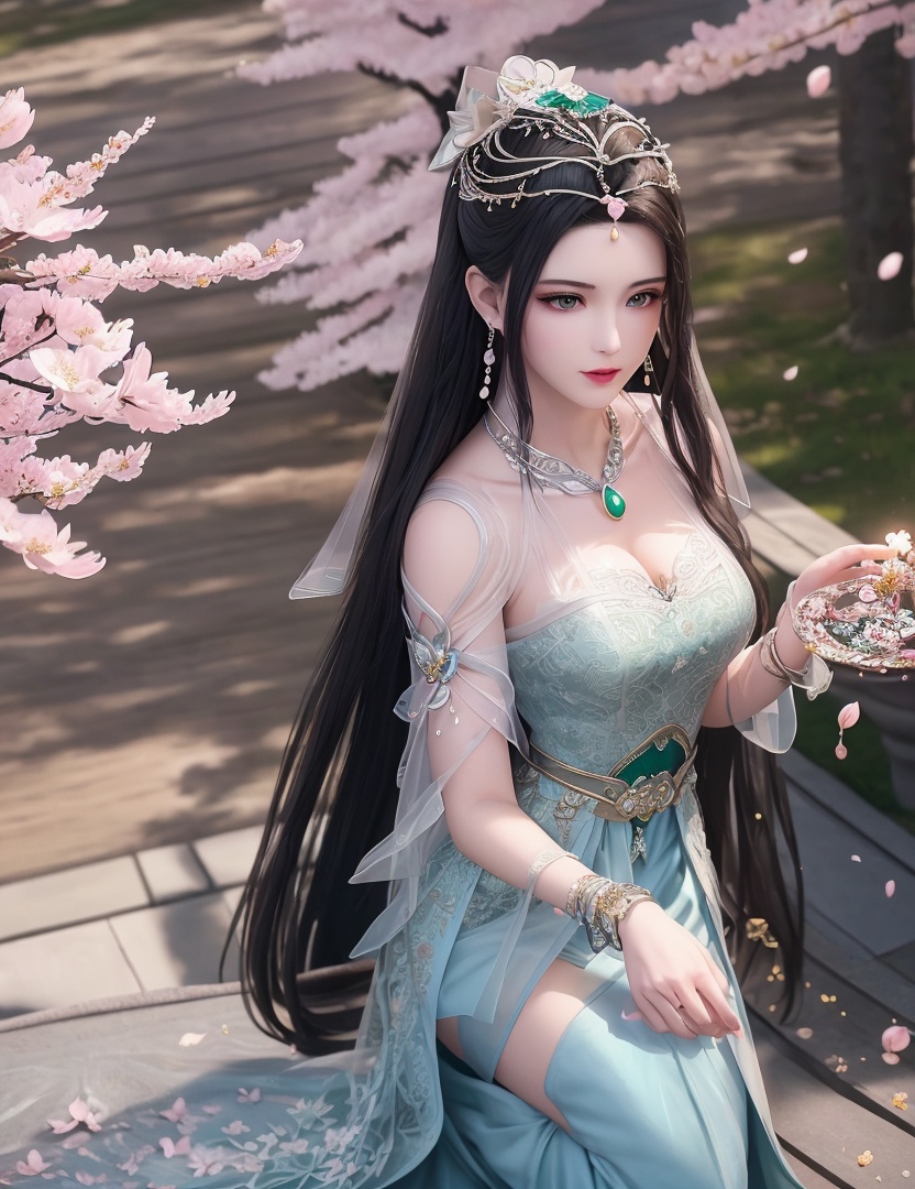 ultra realistic 8k cg, picture-perfect face, flawless, clean, masterpiece, professional artwork, famous artwork, cinematic lighting, cinematic bloom, perfect face, beautiful face, fantasy, dreamlike, unreal, science fiction,   lace, lace trim, lace-trimmed legwear,  (rich:1.4), prestige, luxury, jewelry, diamond, gold, pearl, gem, sapphire, ruby, emerald, intricate detail, delicate pattern, charming, alluring, seductive, erotic, enchanting, hair ornament, necklace, earrings, bracelet, armlet,halo((,1girl, pov,))  , ((((1girl, solo, ,cherry blossoms,outdoors, ))))<lora:DA_LinQingZhu:0.7>