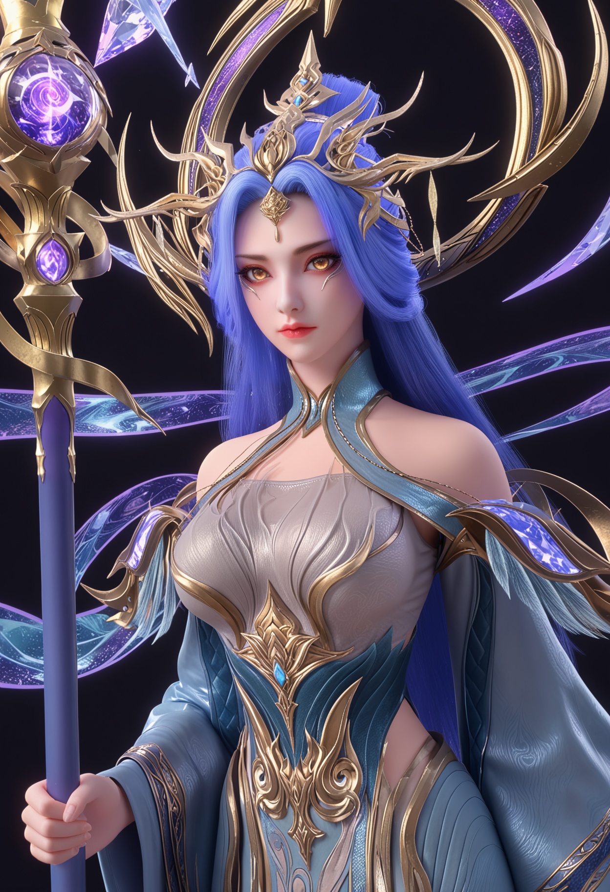 score_9,looking_at_viewer,upper body,(large breasts:0.8),zetiannvdi,1girl,solo,long hair,blue hair,hair ornament,dress,closed mouth,staff,long sleeves,bare shoulders,holding staff,detached sleeves,yellow eyes,wide sleeves,makeup,(simple background,pure black background,black background:1.1),perfect_anatomy,<lora:QQSponyzetiannvdiV1:0.8>,