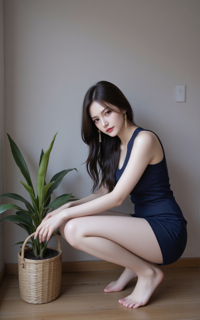 lvjing,xiaomei,black hair,long hair,fair_skin,blue eyes,jewelry,earrings,1girl,solo,squatting,realistic,photorealistic,dress,barefoot,basket,feet,indoors,plant,toes,wooden floor,looking at viewer,smile,potted plant,asian,lips,jewelry,cover,simple background,gradient background,close-up details,outstanding style,(baoshi),adding a touch of dimension to your images without compromising details,close-up,