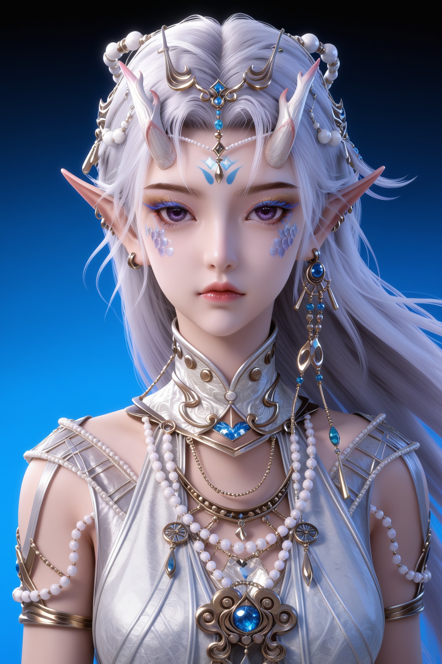 <lora:百炼成神3-封念云pony:0.7>,1girl,long hair,white hair,pointy ears,hair ornament,facial mark,eyelashes,purple eyes,bracelet,horns,white dress,armlet,gem,anklet,1girl, horns, pointy ears, solo, jewelry, long hair, earrings, white hair, purple eyes, makeup, looking at viewer, necklace, portrait, gem, gradient background, armlet, gradient, closed mouth, blue background, black background,eyeshadow, hair ornament, beads, eyelashes, lips, facial mark
