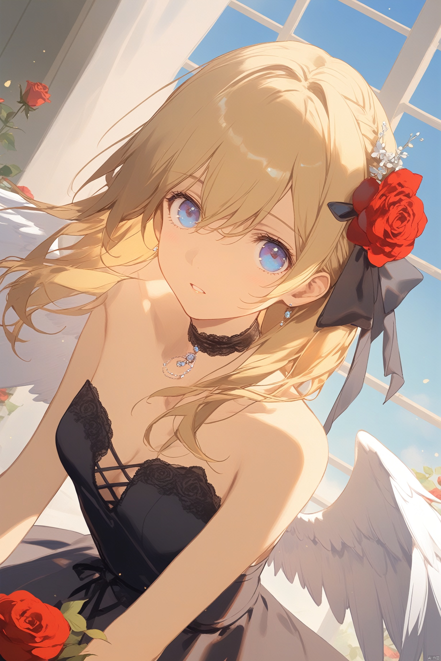 1girl, solo, long hair, breasts, looking at viewer, bangs, blue eyes, blonde hair, hair ornament, dress, ribbon, cleavage, hair between eyes, bare shoulders, collarbone, flower, small breasts, parted lips, wings, sky, choker, day, indoors, hair flower, black dress, red ribbon, bare arms, window, strapless, rose, black choker, red flower, strapless dress, feathered wings, angel wings, white wings