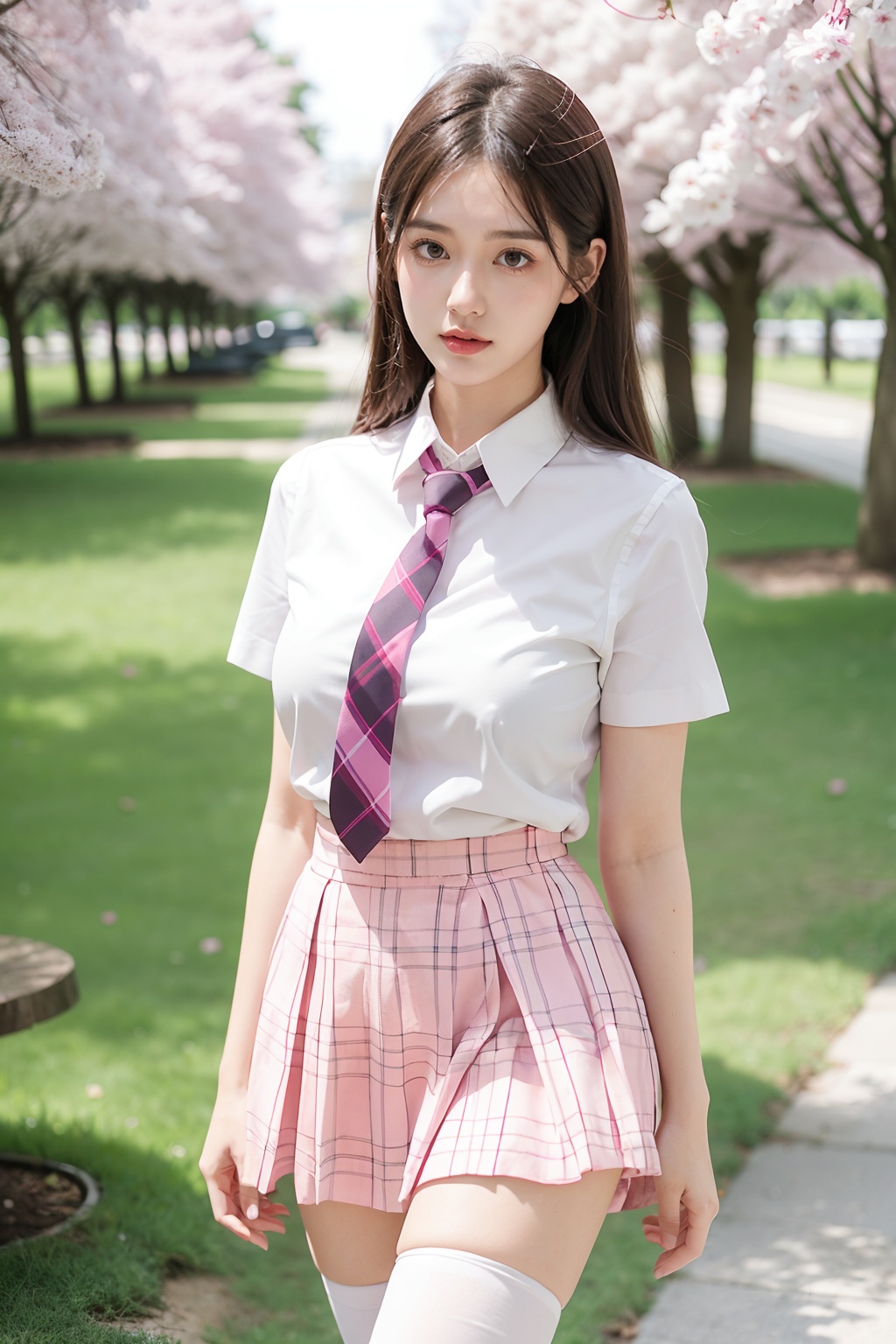 1girl ,upper body,pink plaid skirt, necktie,white short sleeve shirt,white thighhighs ,Cherry trees,outdoors,pink plaid skirt,necktie,white short sleeve shirt,white thighhighs