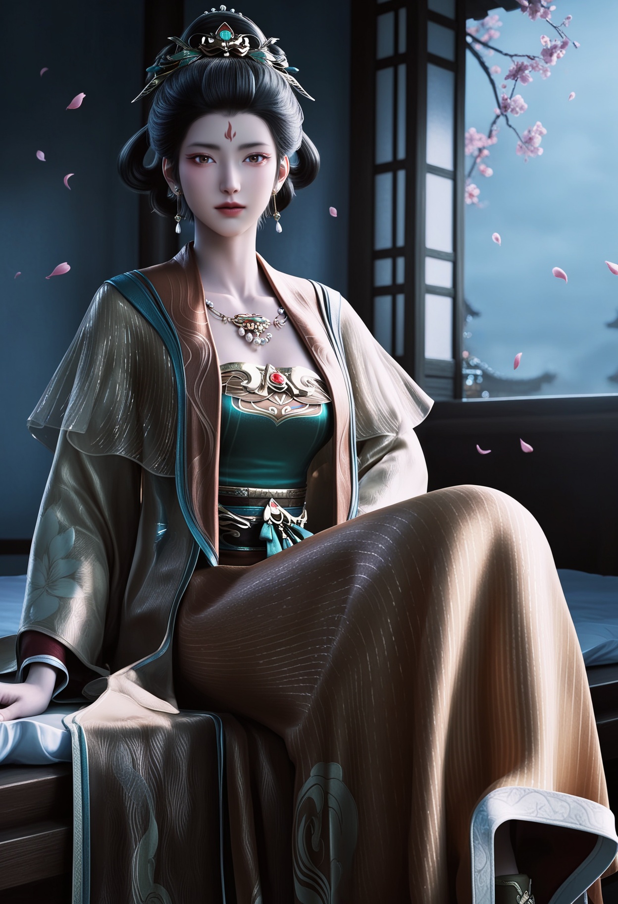 masterpiece,best quality,amazing quality,very aesthetic,high resolution,ultra-detailed,absurdres,scenery,photorealistic,(looking at viewer:1.1),(Dark room:1.3),(moody lighting:1.1),peach blossom,falling petals,(large breasts:0.8),dalitaihou,1girl,solo,black hair,jewelry,earrings,chinese clothes,hair ornament,forehead mark,realistic,necklace,hair bun,dress,long sleeves,updo,hanfu,hair rings,brown eyes,makeup,wide sleeves,shoes,sitting BREAK photorealistic details,<lora:QQSilldalitaihouV1:0.8>,
