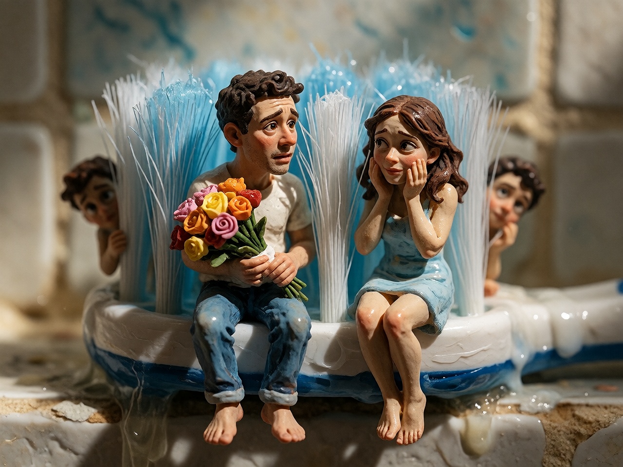 A charming close-up macro photograph of two tiny hand-painted figurines sitting among the enormous soft blue bristles of a...