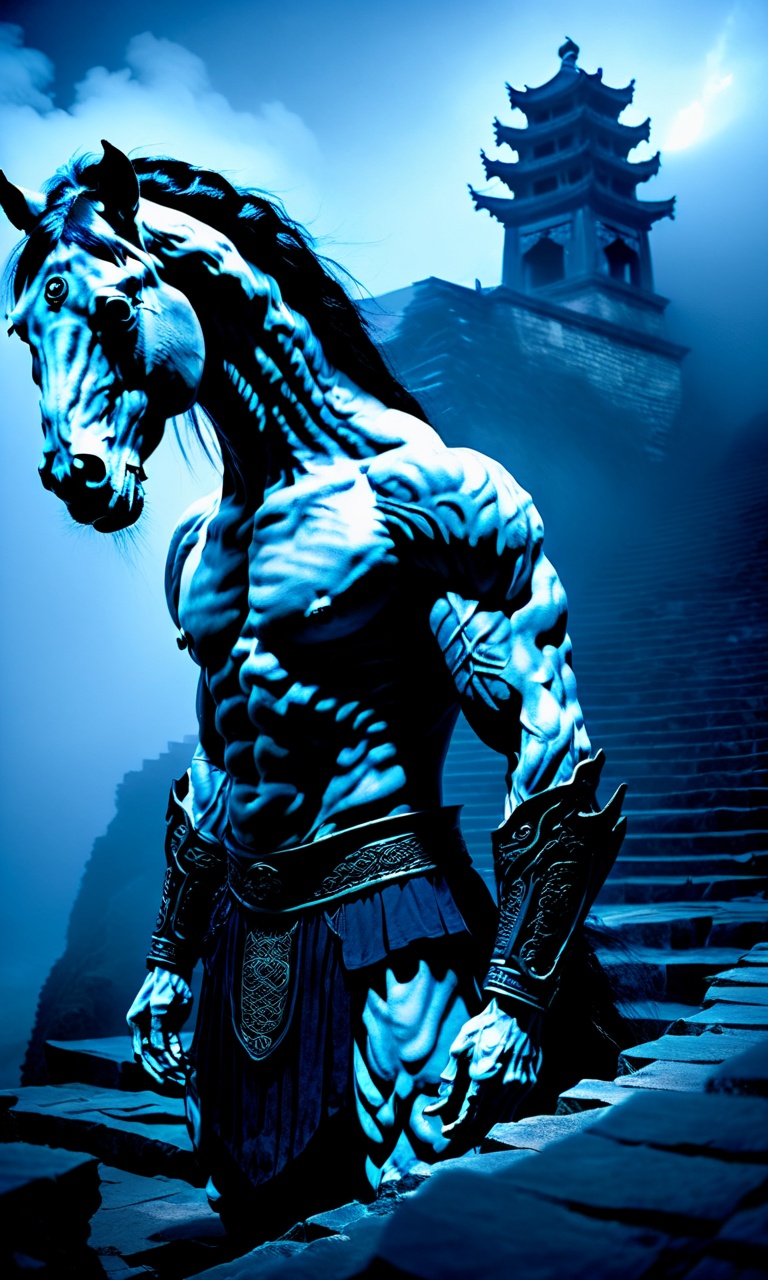 cinematic photo Chinese horror genre, undead horse-headed character, centaur,  muscular physique, foggy atmosphere, ancient stone stairs, blue tint, eerie, fantasy creature, silver arm bracers, long black hair, mystical fog, supernatural being, Chinese mythology-inspired, intense gaze, strength depiction, mythical warrior, serene expression, fog-enshrouded setting, mythical atmosphere,<lora:Horror_ghost:1>,  . 35mm photograph, film, bokeh, professional, 4k, highly detailed