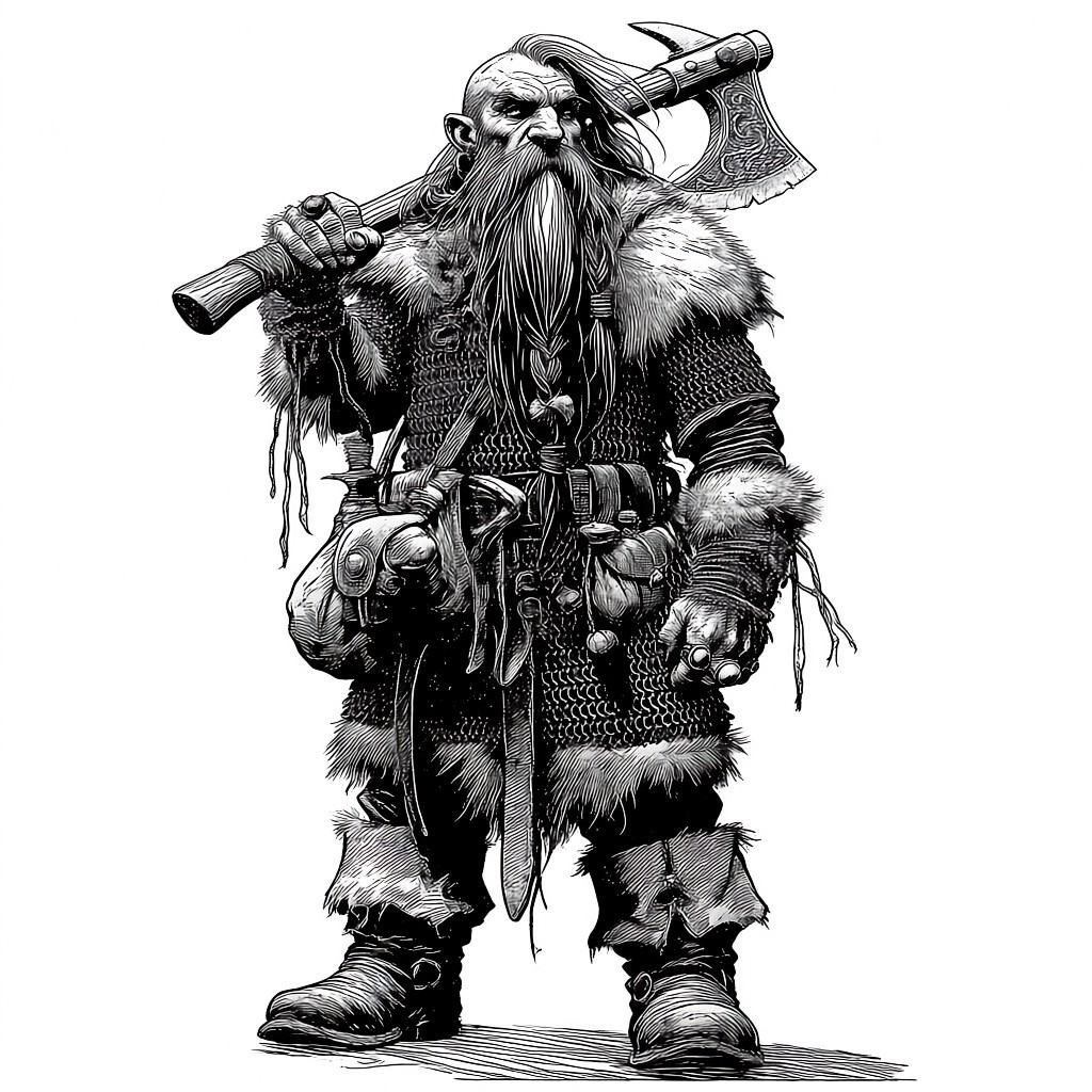 Harsh sword-and-sorcery figures; dense hatching; blackshadow masses; worn gear.,  savage_ink,  Compact full-body dwarf adv...