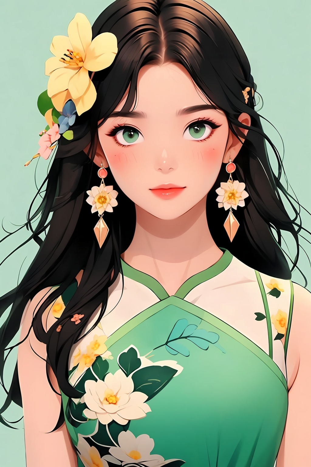 1girl,jewelry,solo,black hair,earrings,hair ornament,looking at viewer,chinese clothes,green eyes,bangs,flower,upper body,hair flower,blush,flower earrings,white flower,<lora:flat fashion illurtation>,