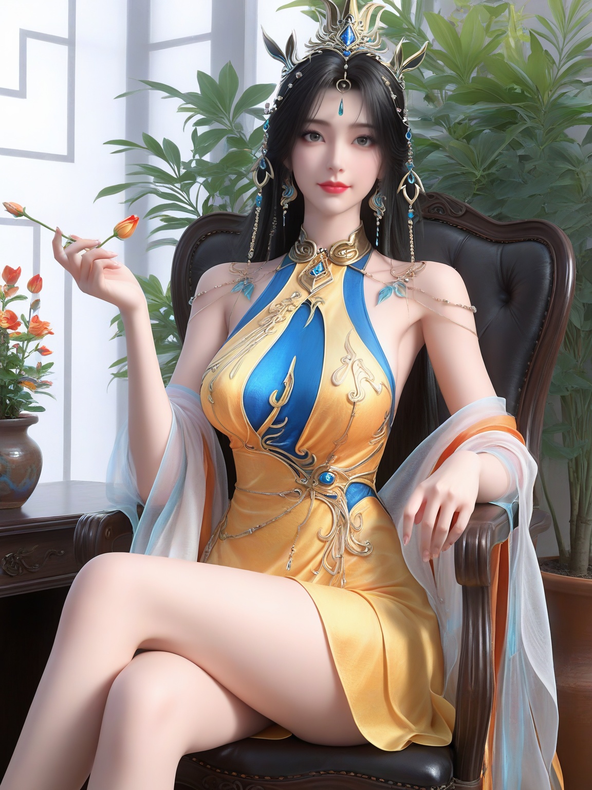 masterpiece,ultra-HD,photorealistic,high detail,best quality,8k,best quality,sharp focus,ray-tracing,1girl,breasts,large breasts,long hair,hair ornament,black hair,soft smile,lipstick,dress,bare legs,falling petals,eyelashes,solo,looking at viewer,sitting,chair,enchanting expression,red lips,Flower Potted Plants,<lora:SF_HuangNv_ILv4050_Real-000004:0.75>,