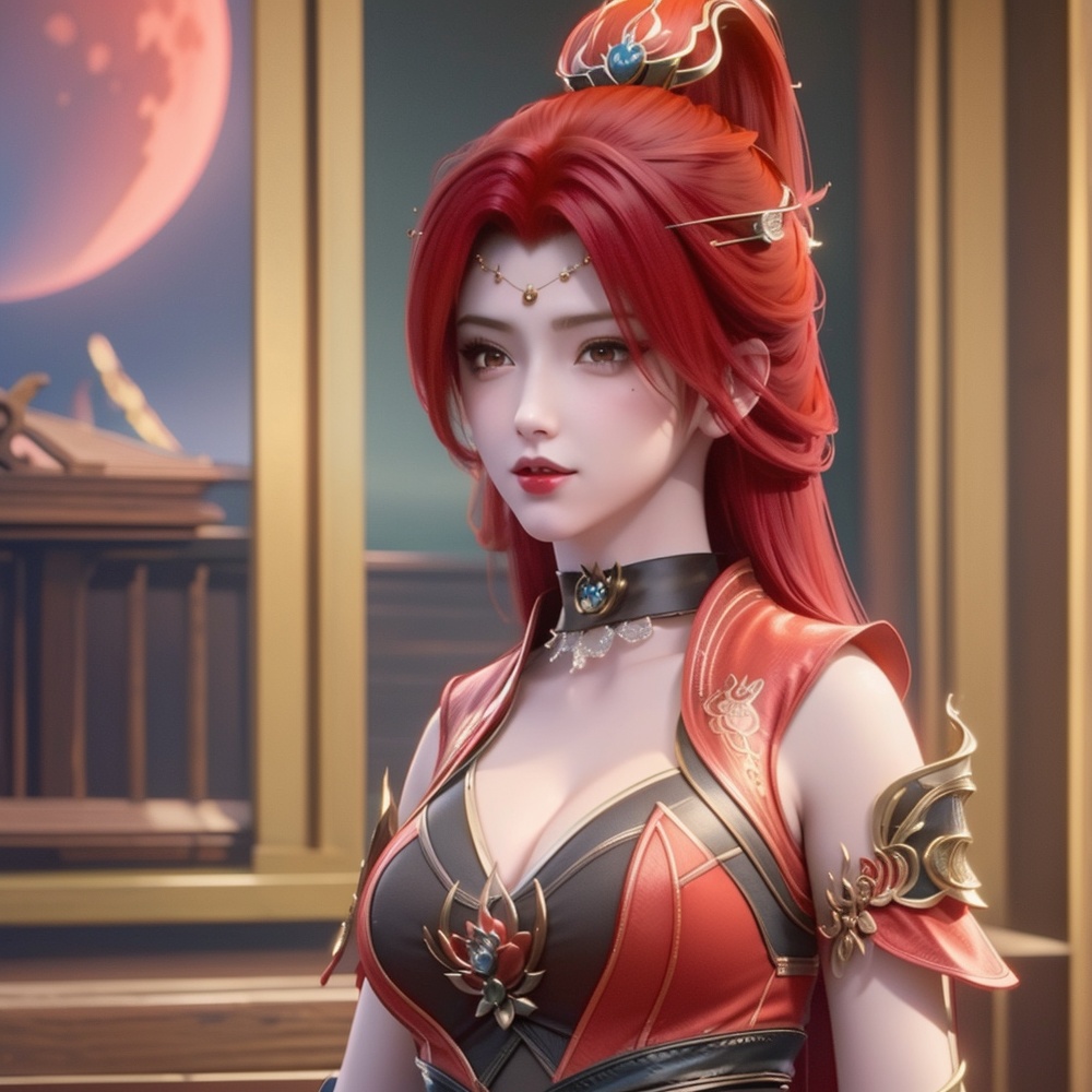 <lora:斗破苍穹-唐火儿:1>red hair,  (,1girl, ,best quality, ),looking at viewer,  ,,ultra detailed background,ultra detailed background,ultra realistic 8k cg,, ,masterpiece, (( , )),, ,science fiction,mole, ,    ,red moon, black rose,     (cleavage), (),