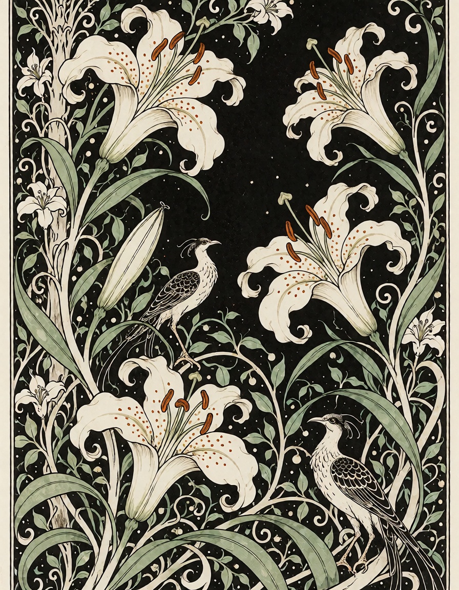A mysterious garden filled with oversized lilies,  twisting vines and strange ornamental birds,  no people on Tensor.Art